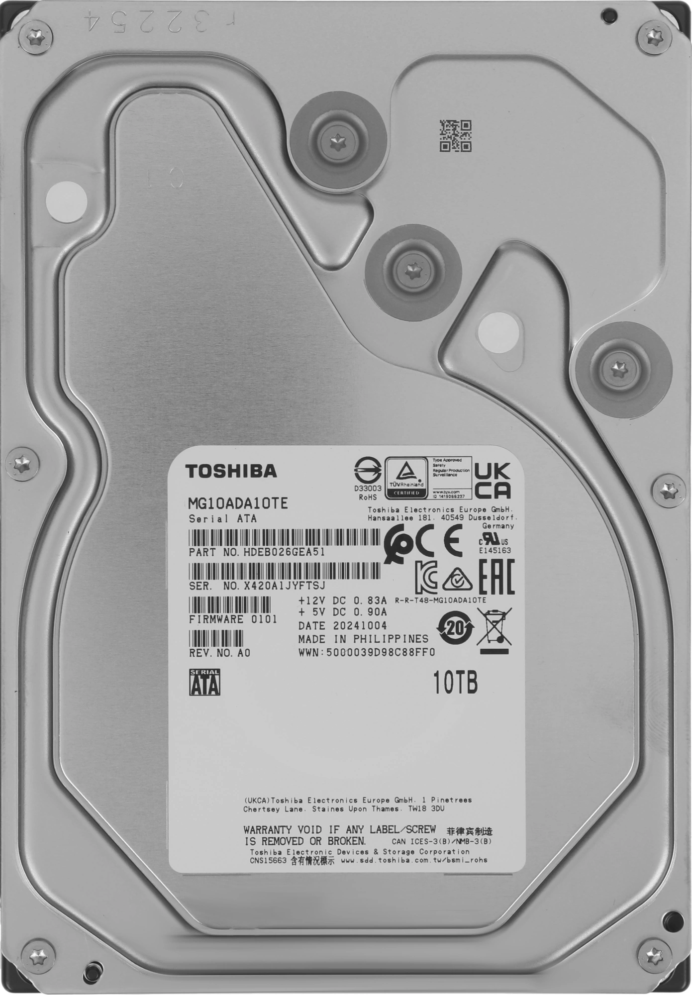 10TB Toshiba 3.5" 10TB  MG10ADA10TE  MG Series SATA 6Gb/s, 7200rpm, 512MB, 4Kn/512e, CMR, Bulk