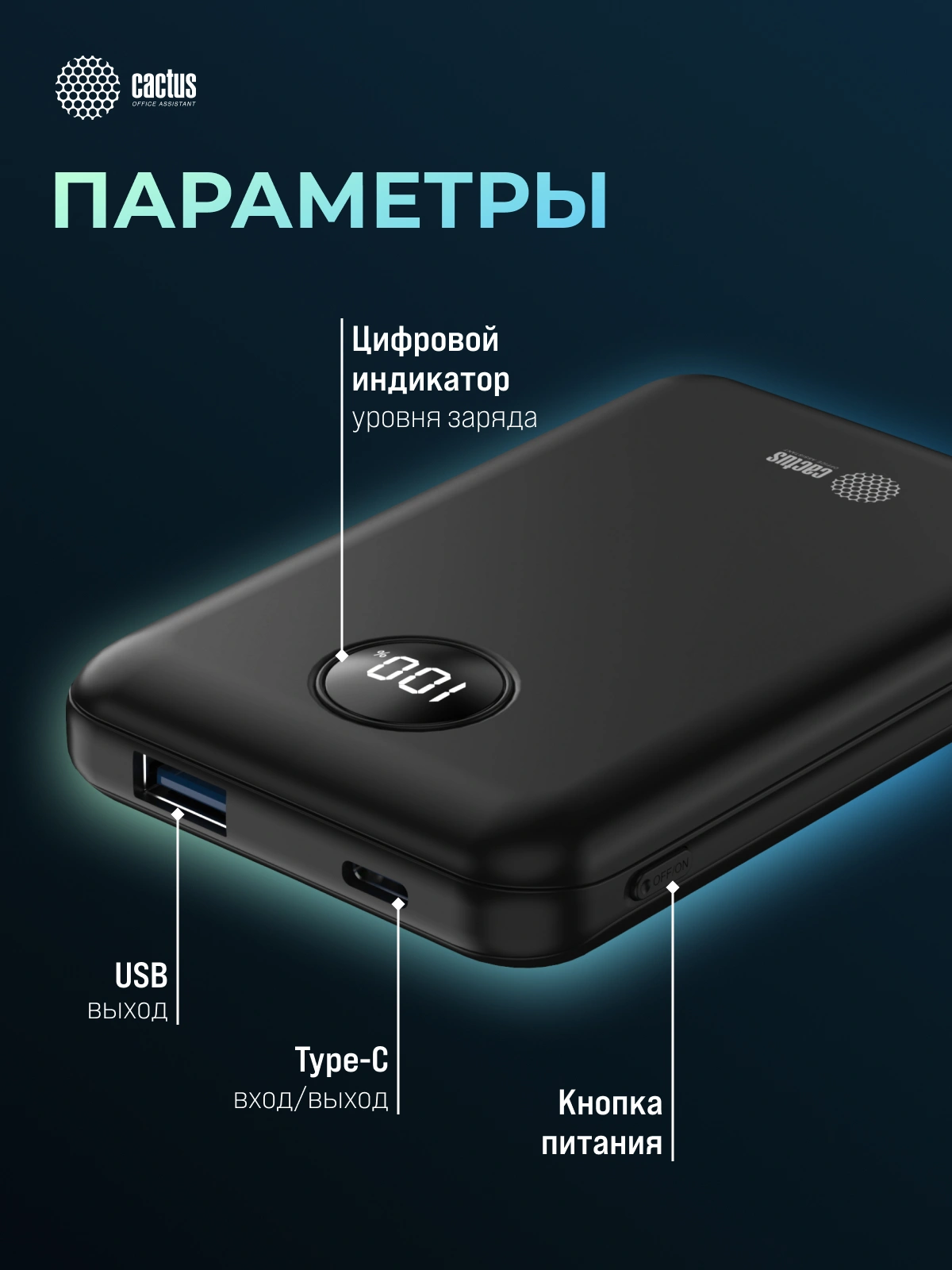 Мобильный аккумулятор Cactus CS-PBFSOA-10000 10000mAh 22.5W 4.5A USB-A/USB-C черный Мобильный аккумулятор Cactus CS-PBFSOA-10000 10000mAh 22.5W 4.5A USB-A/USB-C черный