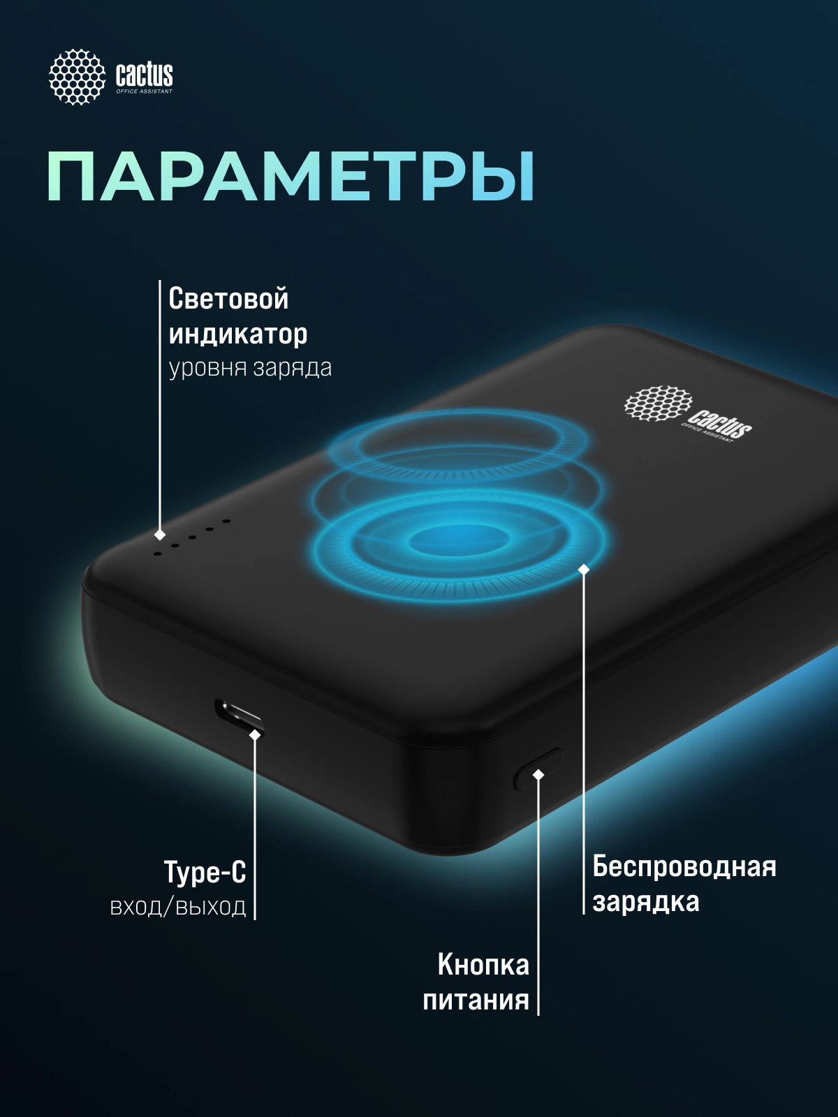 Мобильный аккумулятор Cactus CS-PBFSUA-10000 10000mAh 22.5W 4.5A USB-C беспров.зар. черный Мобильный аккумулятор Cactus CS-PBFSUA-10000 10000mAh 22.5W 4.5A USB-C беспров.зар. черный