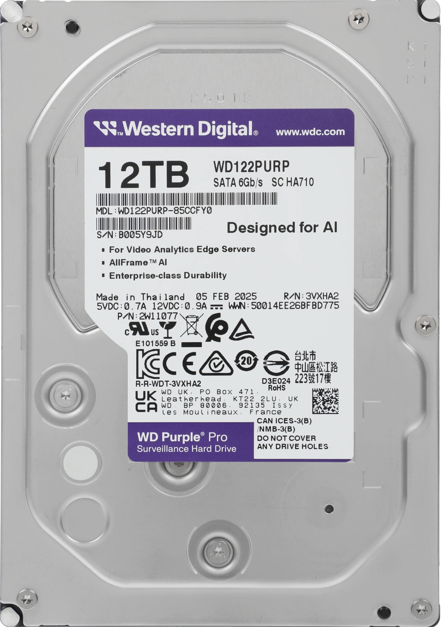 12TB WD Purple Pro (WD122PURP) {Serial ATA III, 7200- rpm, 256Mb, 3.5"}