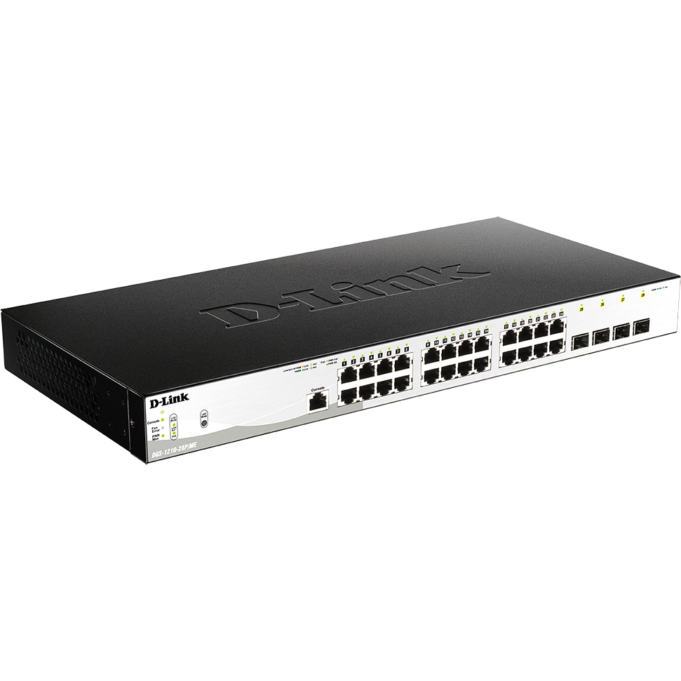 D-Link DGS-1210-28P/ME/B1A  Управляемый коммутатор 2 уровня с 24 портами 10/100/1000Base-T и 4 портами 1000Base-X SFP (24 порта с поддержкой PoE 802.3af/802.3at (30 Вт), PoE-бюджет 193 Вт)