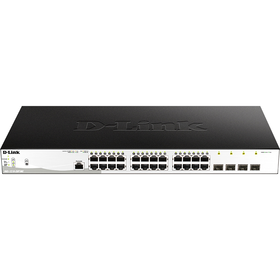 D-Link DGS-1210-28P/ME/B1A  Управляемый коммутатор 2 уровня с 24 портами 10/100/1000Base-T и 4 портами 1000Base-X SFP (24 порта с поддержкой PoE 802.3af/802.3at (30 Вт), PoE-бюджет 193 Вт)