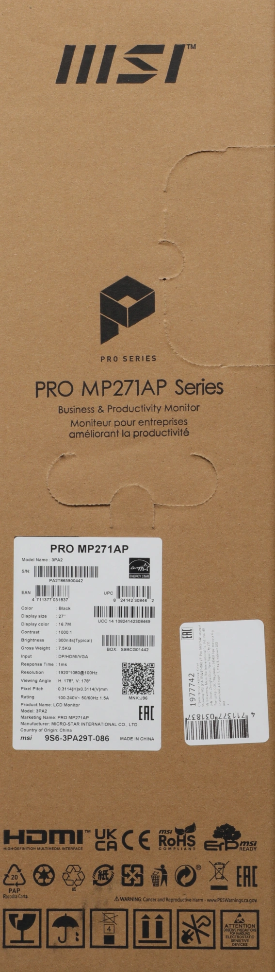 MSI PRO 27&quot; MP271AP черный {IPS 1920x1080 100hz 1ms 178/178 300cd 1000:1 8bit(6bit+FRC) D-Sub HDMI1.4 DisplayPort1.2 2x2W HAS Pivot VESA} [9S6-3PA29T-086]