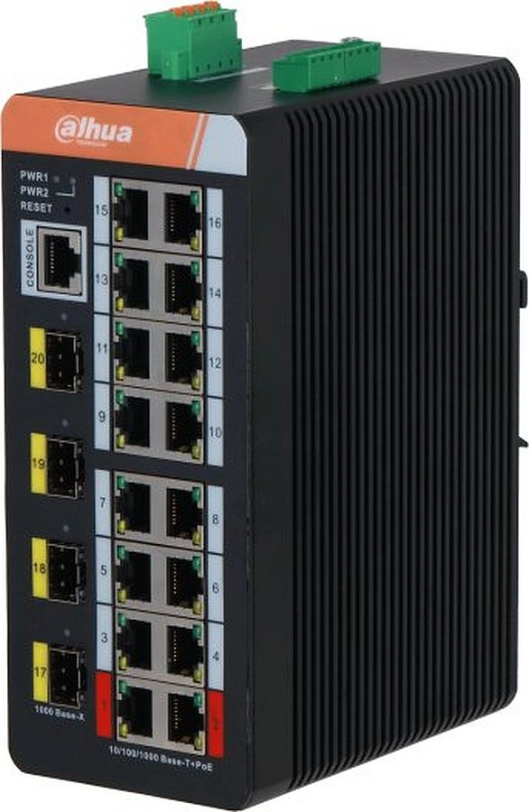 DAHUA DH-IS4420-16GT-240 20-портовый гигабитный управляемый коммутатор с PoE, промышленное исполнение, 16xRJ45 1Gb, 4xSFP 1Gb, суммарно 240Вт, коммутация 56 Гбит/с, MAC-таблица 8К DAHUA DH-IS4420-16GT-240 20-портовый гигабитный управляемый коммутатор с PoE, промышленное исполнение, 16xRJ45 1Gb, 4xSFP 1Gb, суммарно 240Вт, коммутация 56 Гбит/с, MAC-таблица 8К