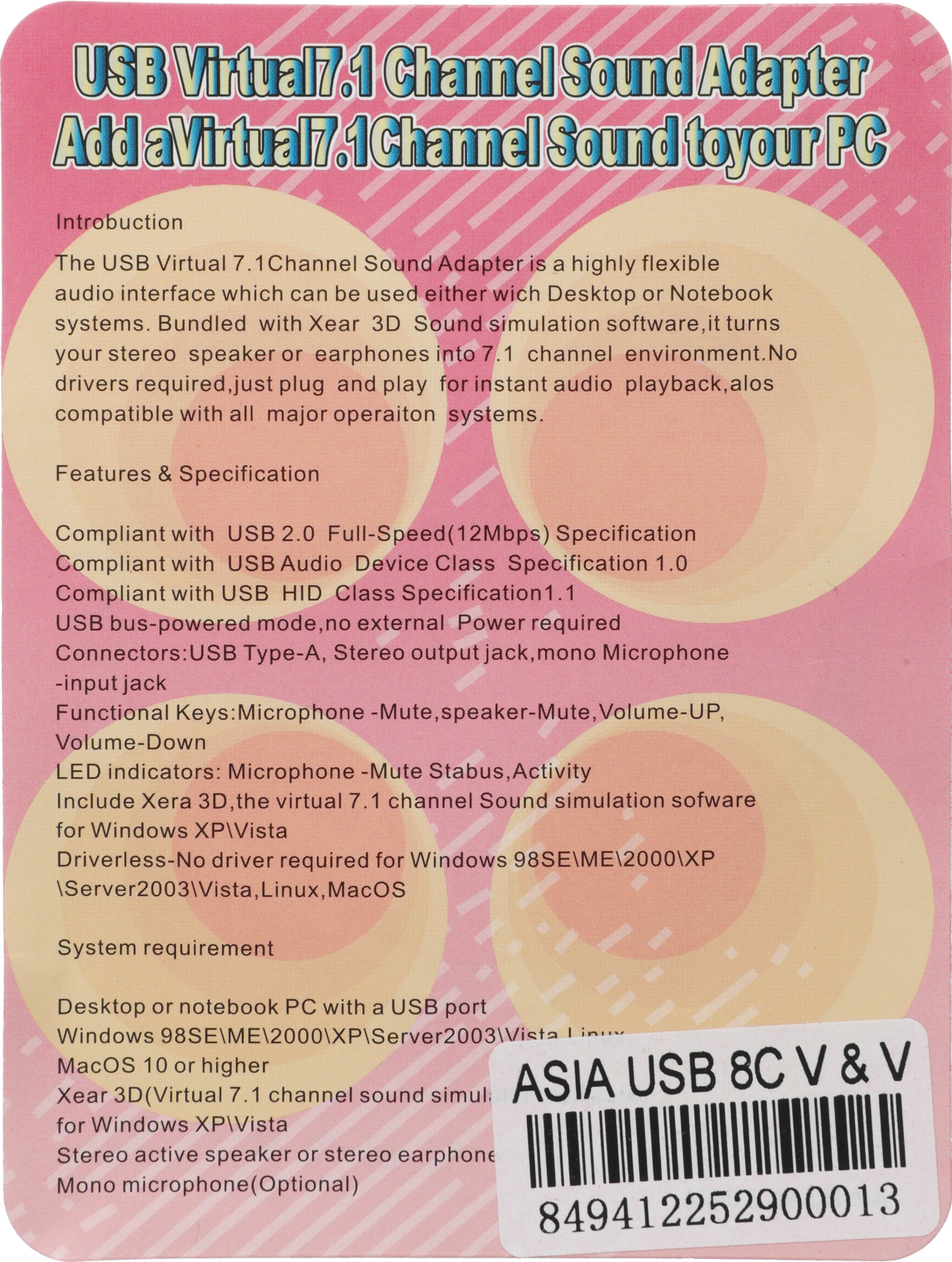 C-media ASIA USB 8C V &amp; V Звуковая карта USB TRUA71 (C-Media CM108) 2.0 channel out 44-48KHz volume control (7.1 virtual channel) RTL [849412 USB CM108 7.1 virtual]