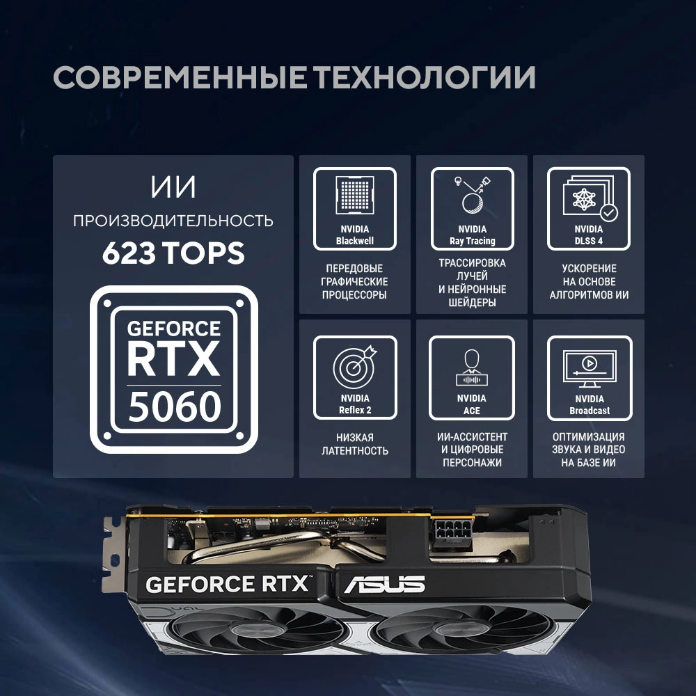Видеокарта ASUS GeForce RTX5060 8Gb DDR7 128 bit 3*DP/HDMI 2FAN (DUAL-RTX5060-O8G) RTL
