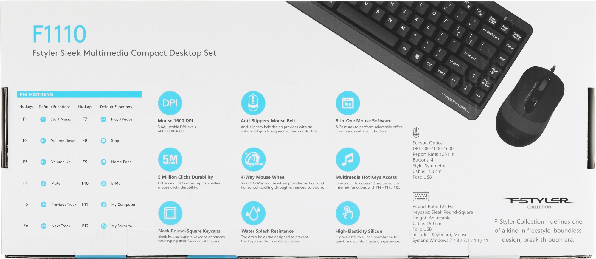 Комплект кл-ра+мышь проводн. A4Tech Fstyler F1110 black/grey USB Multimedia (F1110 GREY)