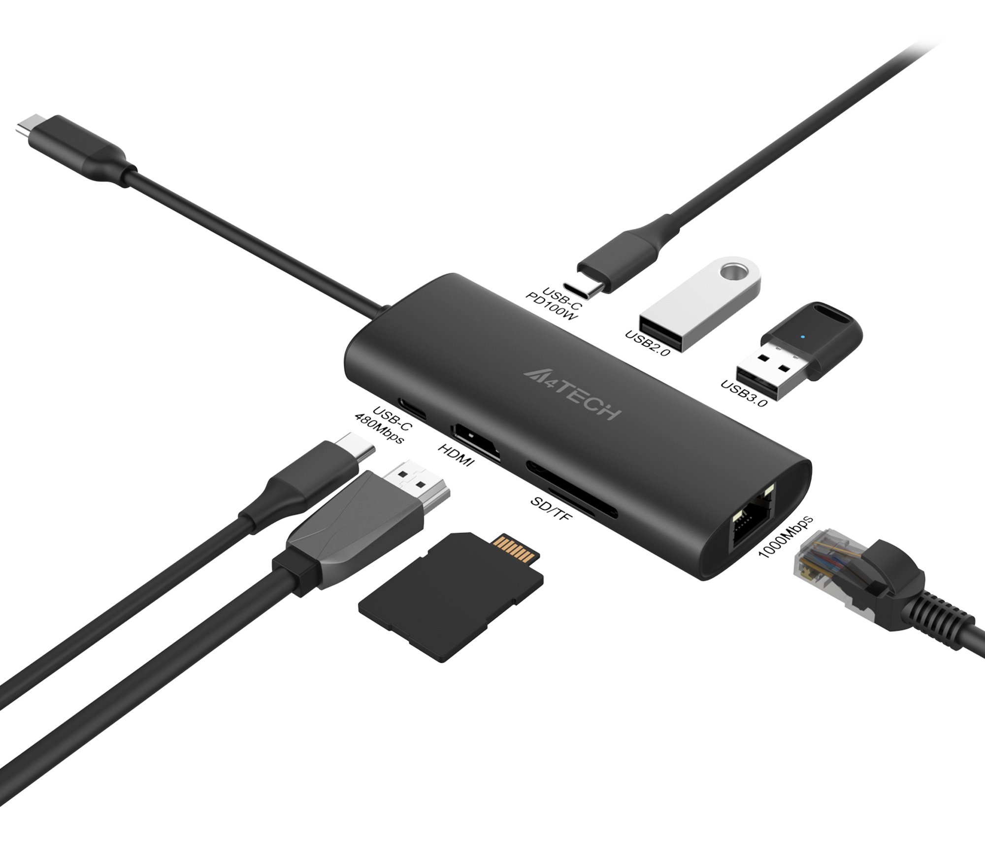 Разветвитель USB-C A4Tech DST-80C 2порт. серый