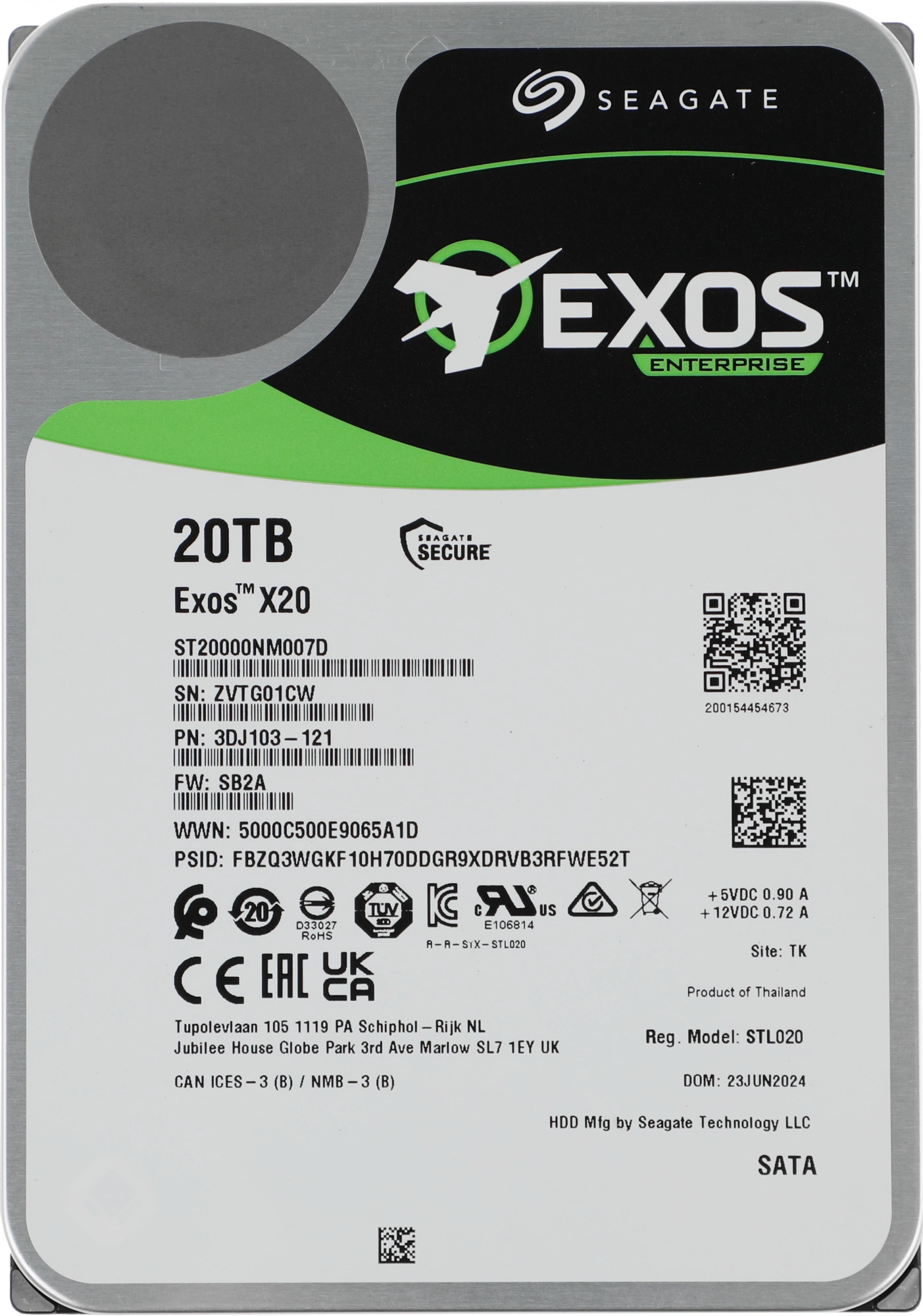 20TB Seagate Exos X20 (ST20000NM007D) {SATA 6Gb/s, 7200 rpm, 256mb buffer, 3.5&quot;}