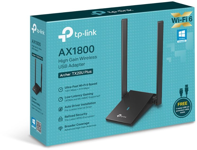 TP-Link Archer TX20U Plus Двухдиапазонный USB-адаптер высокого усиления с поддержкой Wi-Fi AX1800 и двумя антеннами