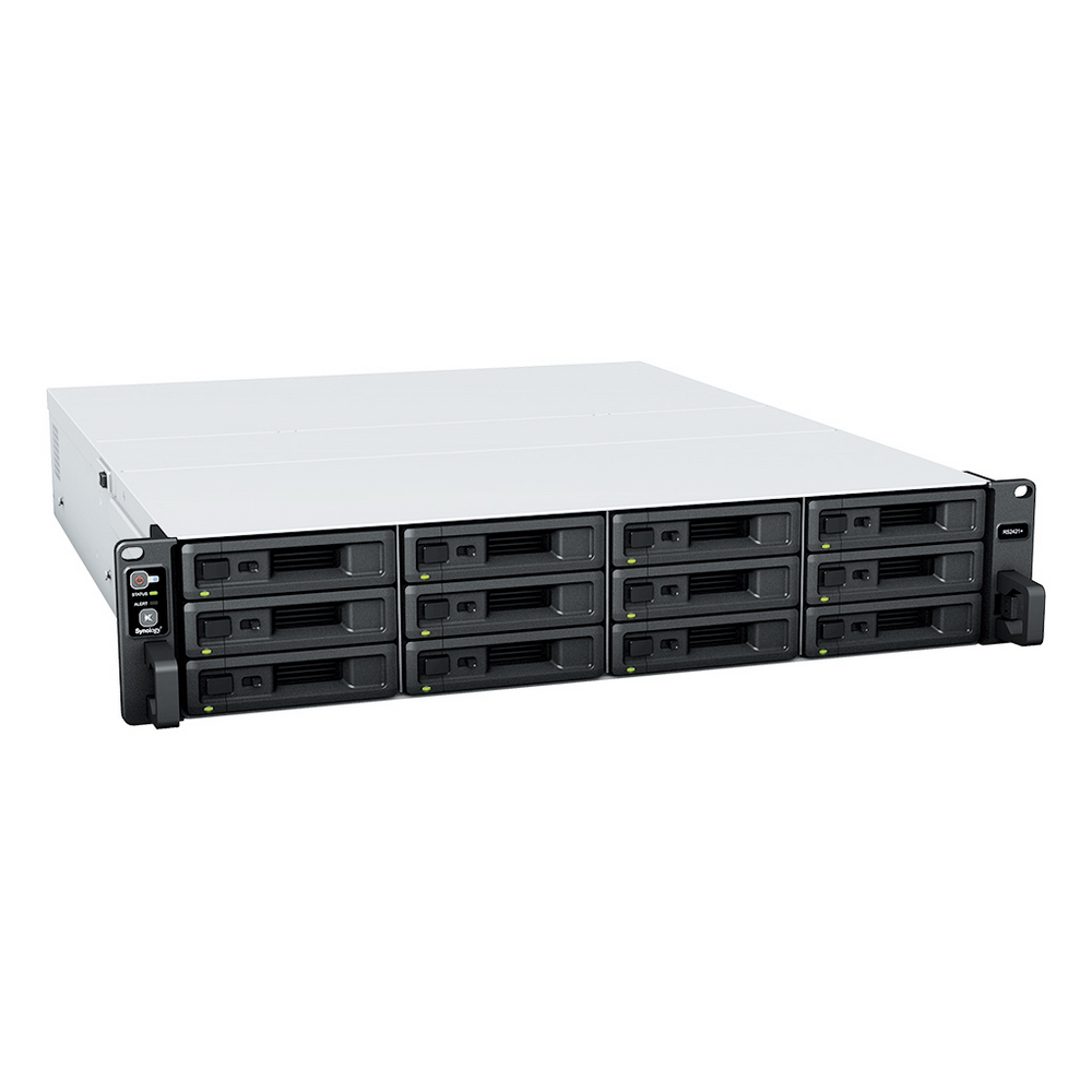 Synology RS2421RP+ Rack 2U QC2,1GhzCPU/4Gb(up to 64)/RAID0,1,10,5,6/up to 12hot plug HDDs SATA(3,5' or 2,5')(up to 24 with RX1217RP)/2xUSB/4GigEth(+1Expslot)/iSCSI/2xIPcam(up to 40)/2xPS