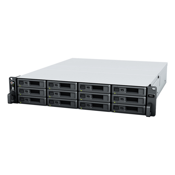 Synology RS2421RP+ Rack 2U QC2,1GhzCPU/4Gb(up to 64)/RAID0,1,10,5,6/up to 12hot plug HDDs SATA(3,5' or 2,5')(up to 24 with RX1217RP)/2xUSB/4GigEth(+1Expslot)/iSCSI/2xIPcam(up to 40)/2xPS