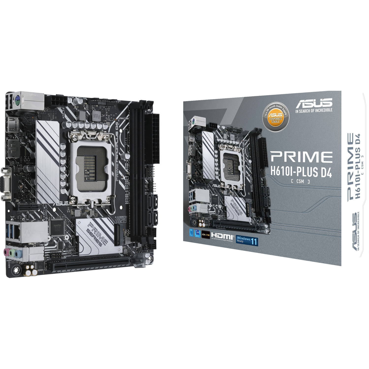 ASUS  PRIME H610I-PLUS D4-CSM (Socket 1700, mini ITX, 2xDDR4(64GB), D-SUB/HDMI 2.1/DP, 1xPCIe 4.0x16, 1xLAN, 4xSATA 6Gb/s, 1xM.2, 1xM.2 E key, 2xUSB 3.2, 2xUSB 2.0, 1xPS/2)