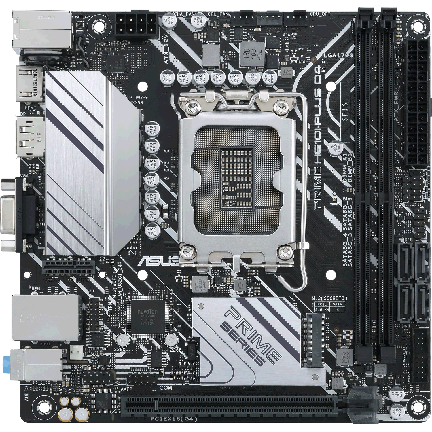 ASUS  PRIME H610I-PLUS D4-CSM (Socket 1700, mini ITX, 2xDDR4(64GB), D-SUB/HDMI 2.1/DP, 1xPCIe 4.0x16, 1xLAN, 4xSATA 6Gb/s, 1xM.2, 1xM.2 E key, 2xUSB 3.2, 2xUSB 2.0, 1xPS/2)