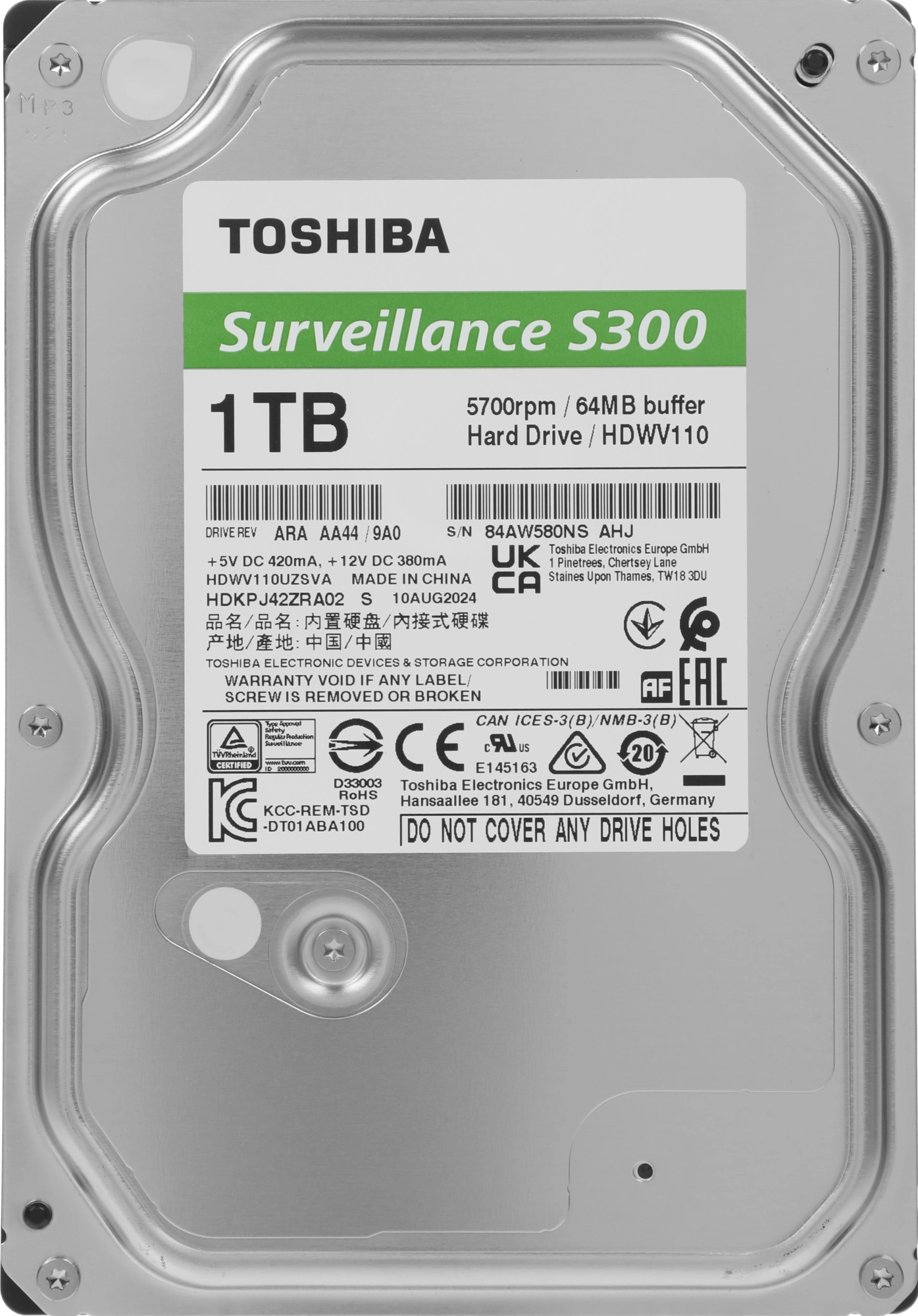 HDD 1Tb TOSHIBA S300 Surveillance 5400rpm 64Mb SATA3 3,5" HDWV110UZSVA"