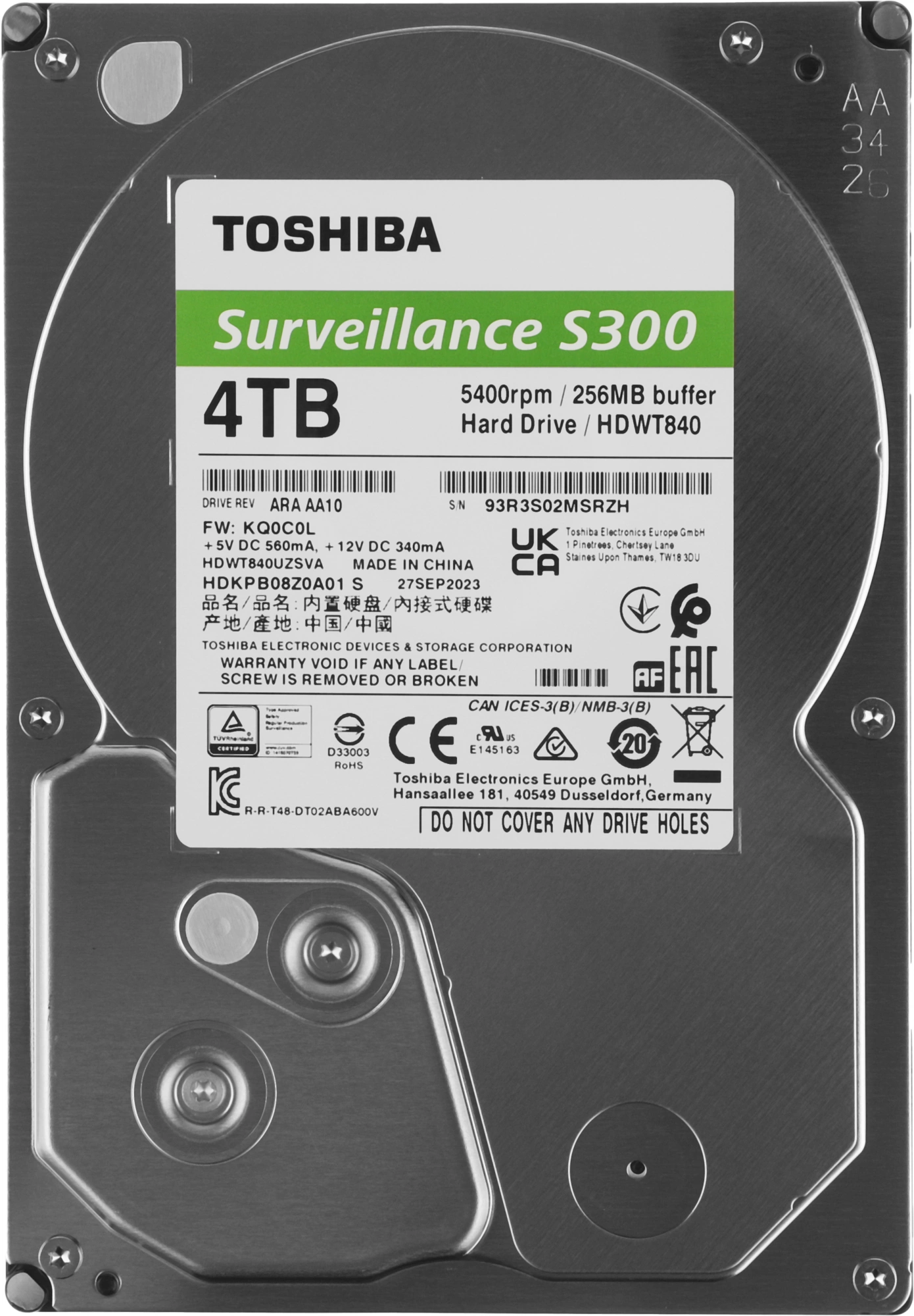 4TB Toshiba Surveillance S300 (HDWT840UZSVA) {SATA 6.0Gb/s, 5400 rpm, 256Mb buffer, 3.5" для видеонаблюдения}