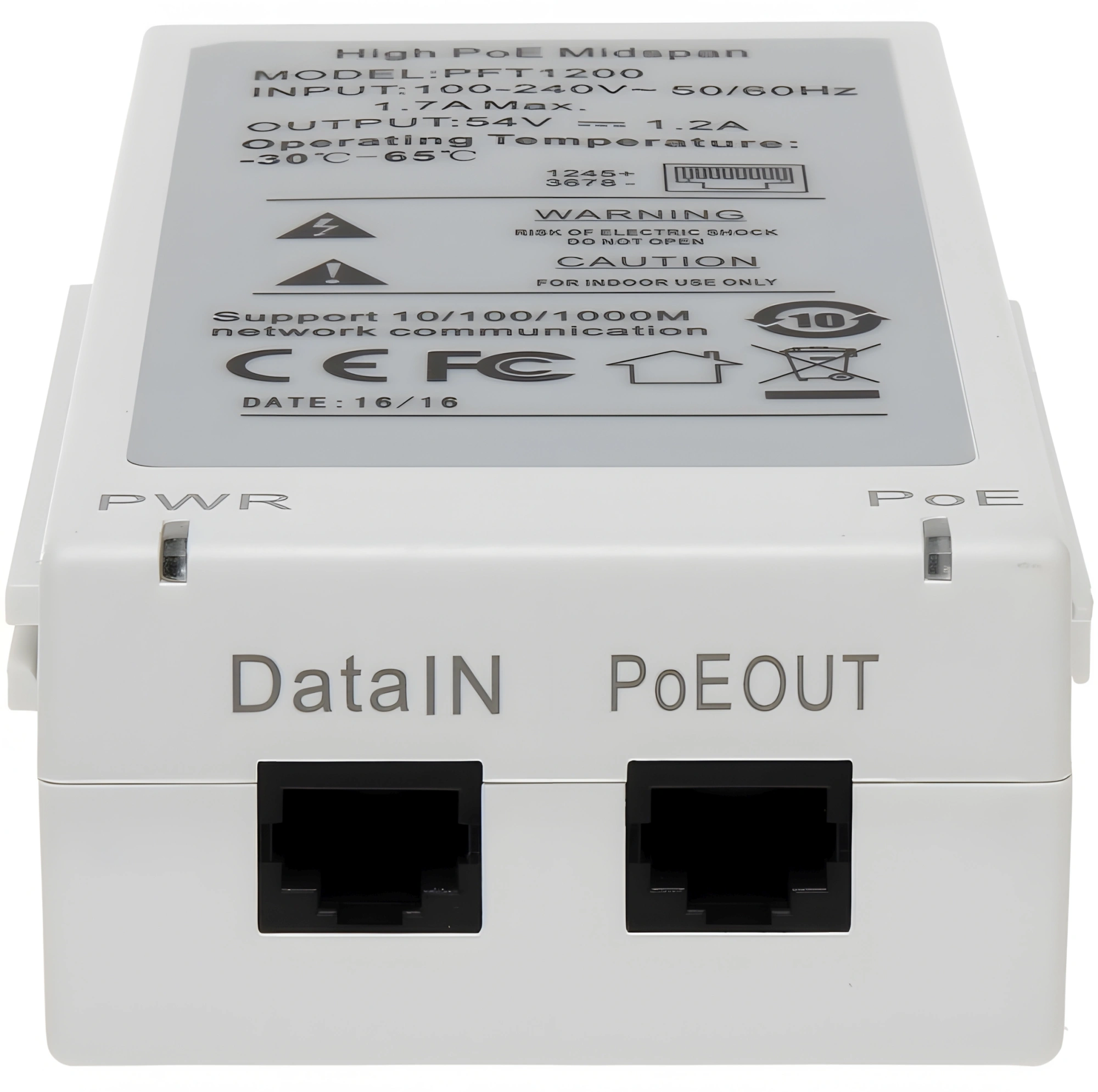DAHUA DH-PFT1200 Инжектор Hi-PoE, порты 1 RJ45 10/100/1000Мбит/с, 1 RJ45 10/100/1000Мбит/с (PoE/PoE+/Hi-PoE), мощность PoE до 60Вт, питание 100~240В(AC), рабочая температура: -30°С~+65°С