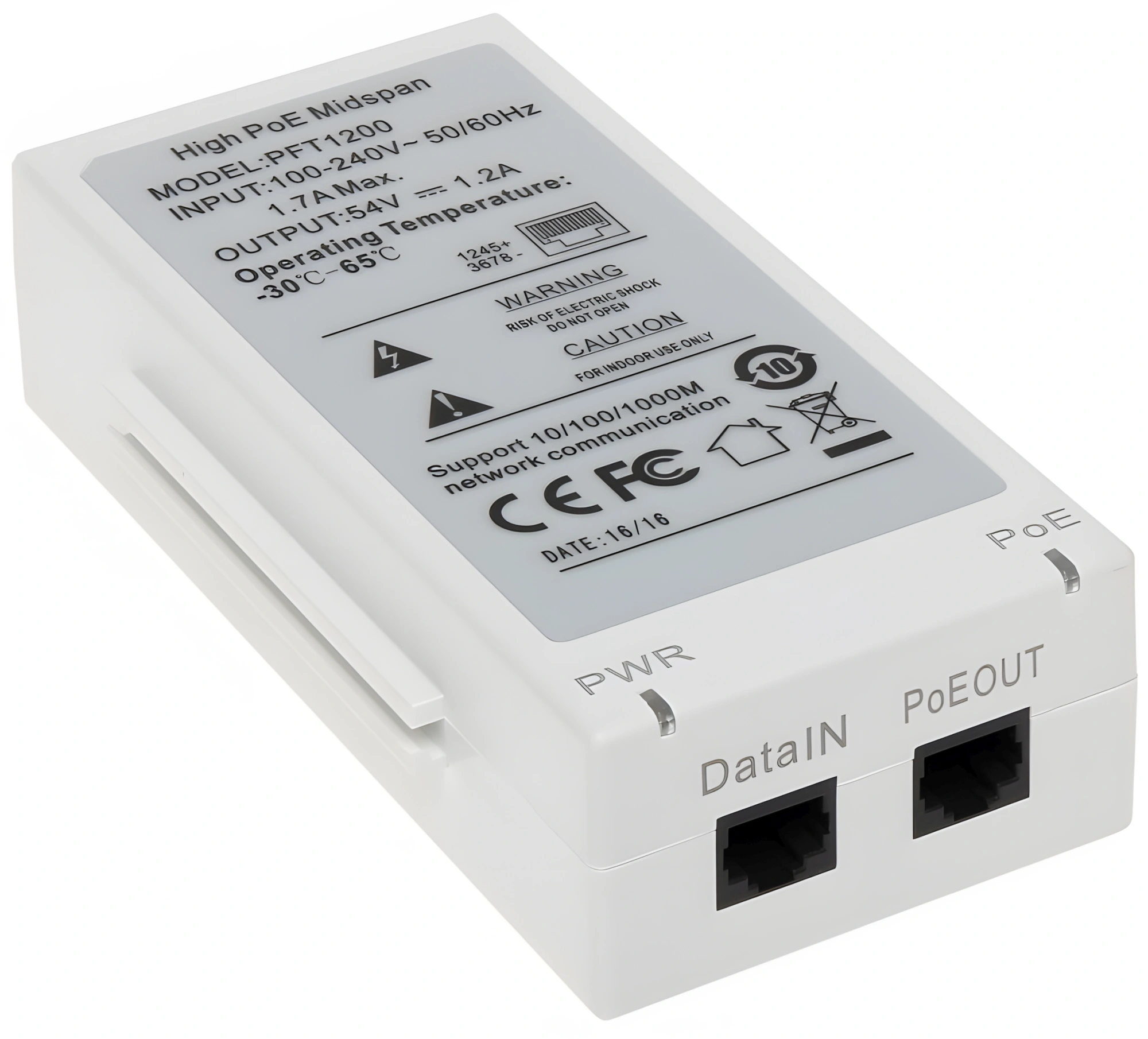 DAHUA DH-PFT1200 Инжектор Hi-PoE, порты 1 RJ45 10/100/1000Мбит/с, 1 RJ45 10/100/1000Мбит/с (PoE/PoE+/Hi-PoE), мощность PoE до 60Вт, питание 100~240В(AC), рабочая температура: -30°С~+65°С