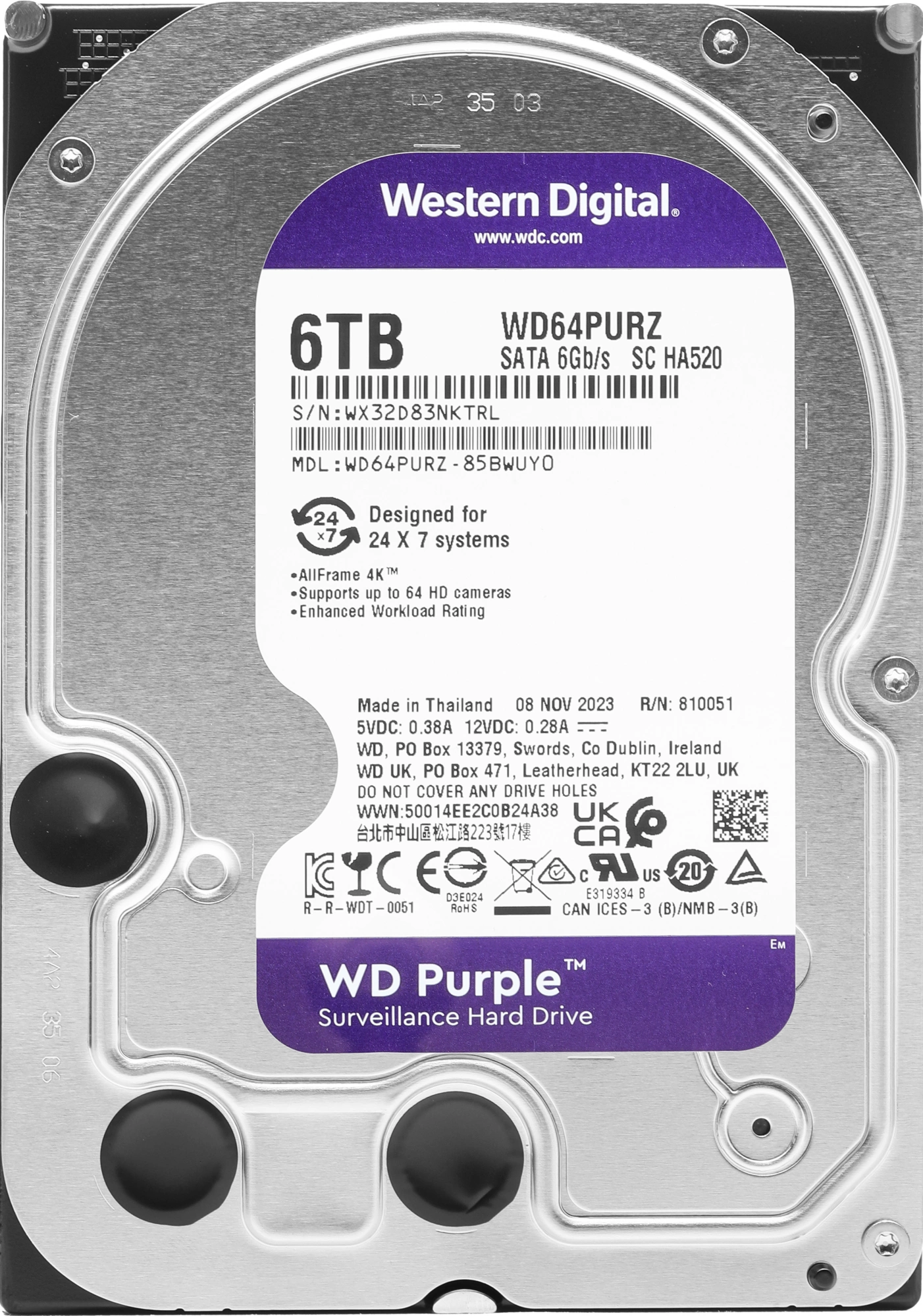 6TB WD Purple (WD64PURZ)  {Serial ATA III, 5400- rpm, 256Mb, 3.5"}