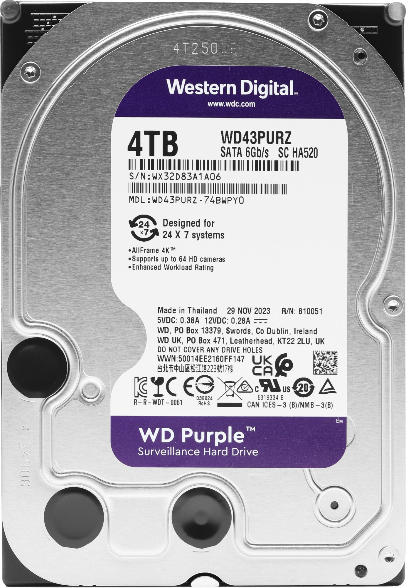4TB WD Purple (WD43PURZ) {Serial ATA III, 5400- rpm, 256Mb, 3.5&quot;}
