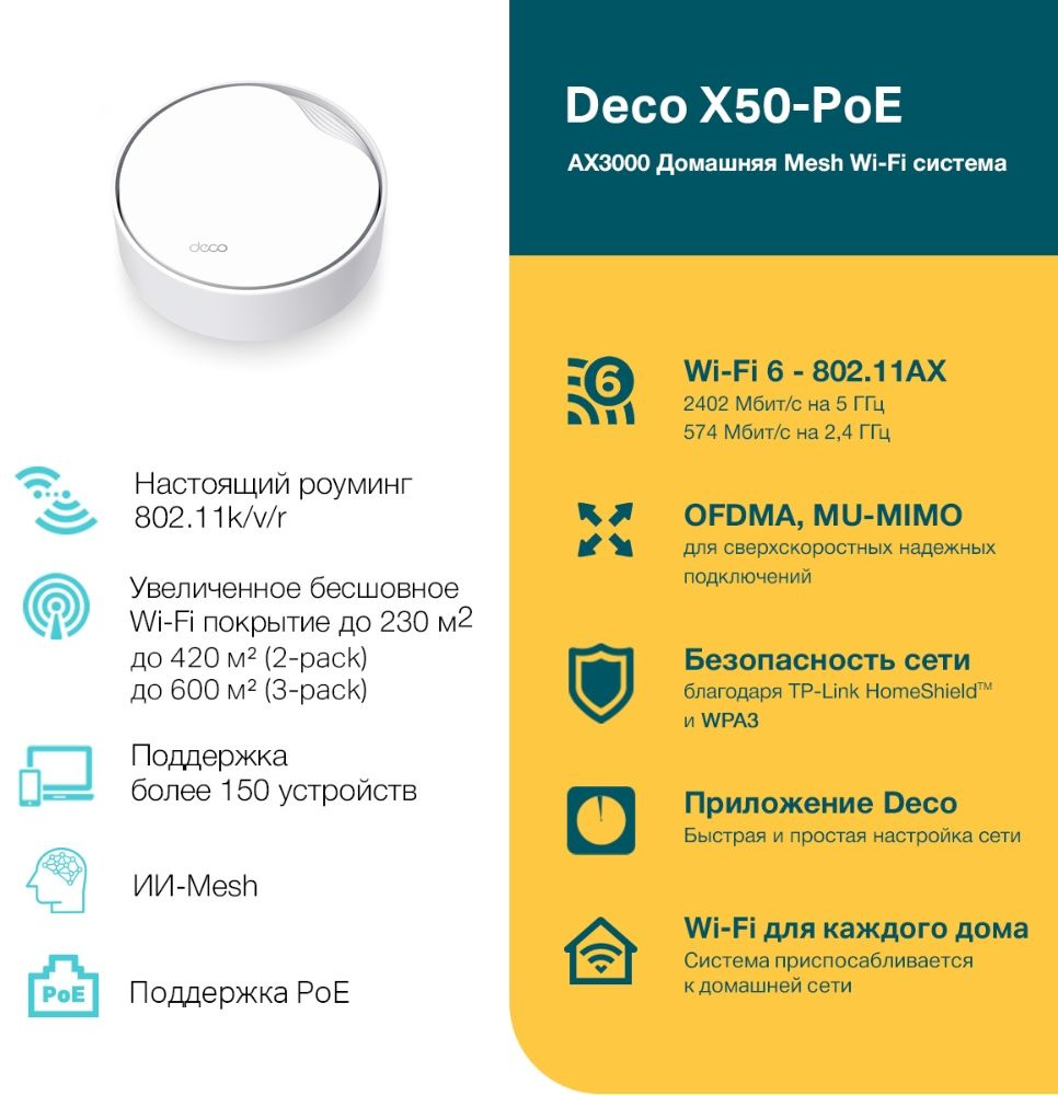 TP-Link Deco X50-PoE(1-pack) AX3000 Mesh-система Wi-Fi 6 с поддержкой PoE TP-Link Deco X50-PoE(1-pack) AX3000 Mesh-система Wi-Fi 6 с поддержкой PoE