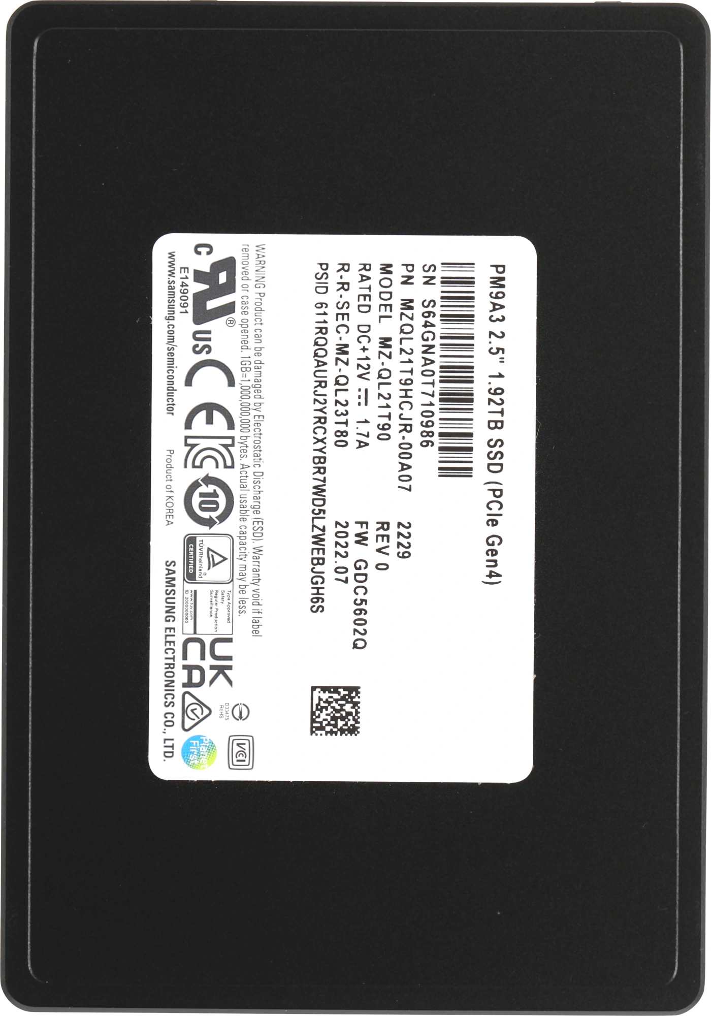 Samsung SSD 1920Gb PM9A3 MZQL21T9HCJR-00A07 NVMe