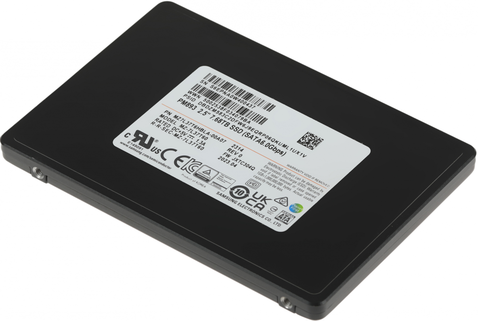 Samsung SSD 7680Gb PM893 MZ7L37T6HBLA-00A07 Data Center SSD, 2.5'' 7mm, SATA