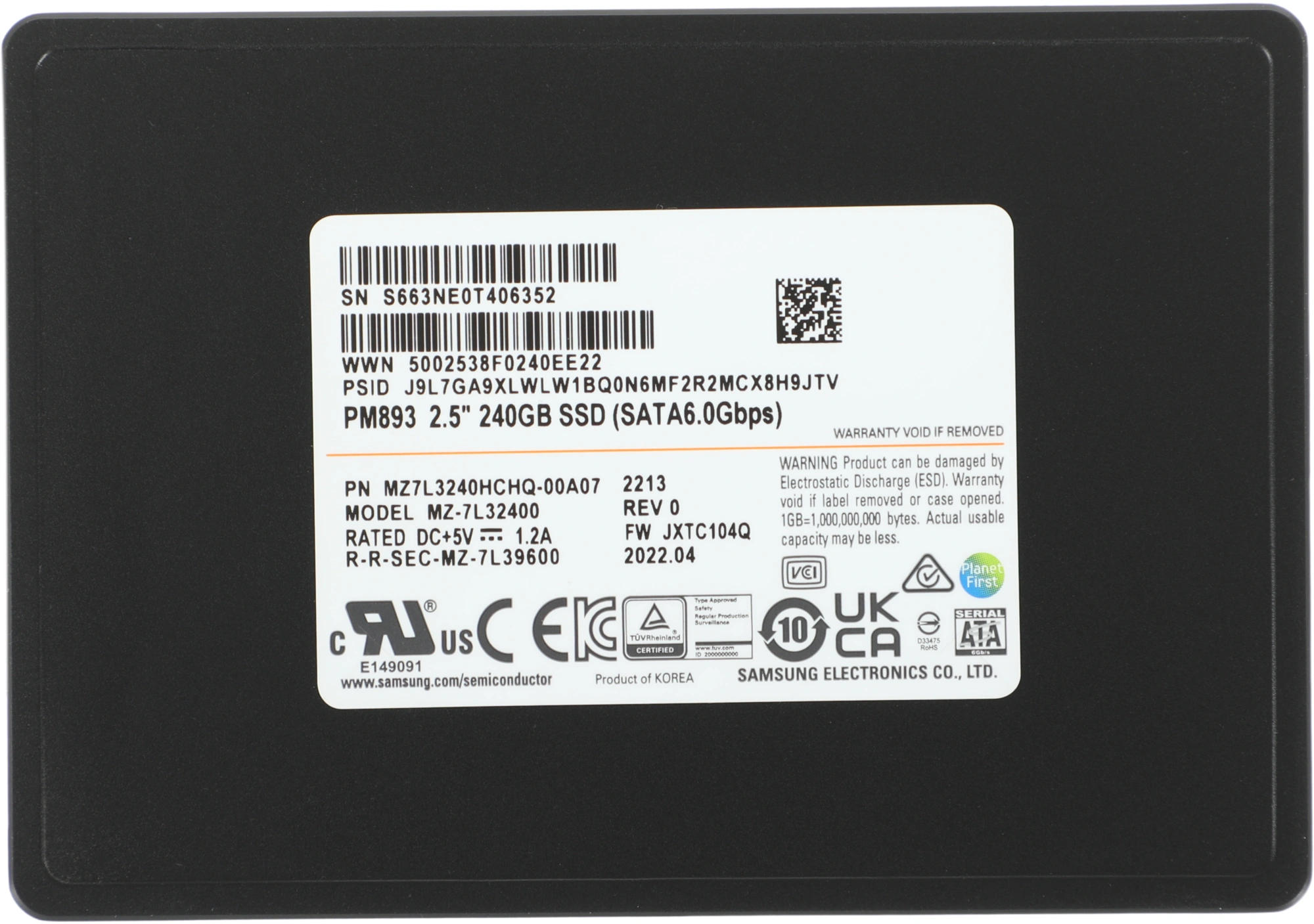 Samsung SSD 240Gb PM893 MZ7L3240HCHQ-00A07