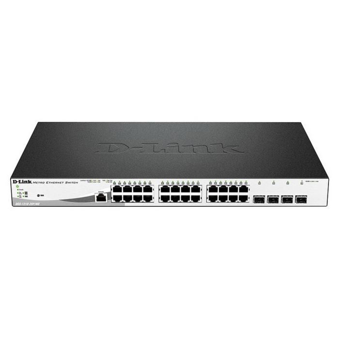 D-Link DGS-1210-28P/ME/A1A Управляемый коммутатор 2 уровня с 24 портами 10/100/1000Base-T и 4 портами 1000Base-X SFP (порты 1–4 с поддержкой PoE 802.3af/802.3at (30 Вт), порты 5–24 с поддержкой PoE