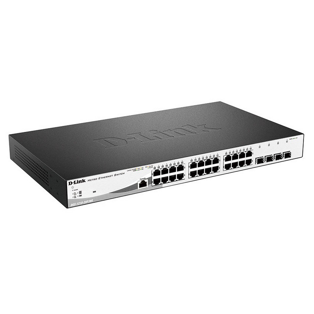 D-Link DGS-1210-28P/ME/A1A Управляемый коммутатор 2 уровня с 24 портами 10/100/1000Base-T и 4 портами 1000Base-X SFP (порты 1–4 с поддержкой PoE 802.3af/802.3at (30 Вт), порты 5–24 с поддержкой PoE