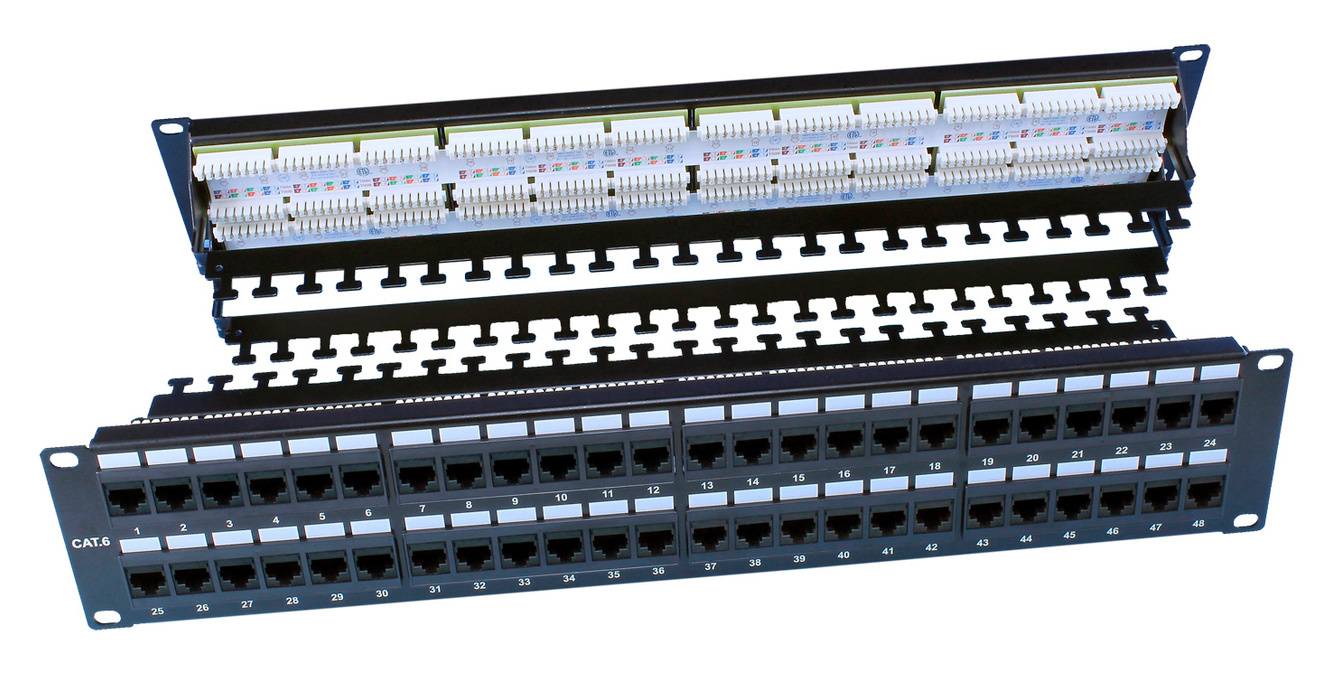 Hyperline PP3-19-48-8P8C-C6-110D Патч-панель 19&quot;, 2U, 48 портов RJ-45, категория 6, Dual IDC, ROHS, цвет черный (задний кабельный организатор в комплекте)