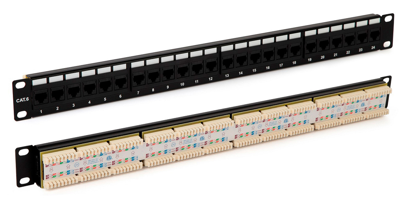 Hyperline PP3-19-48-8P8C-C6-110D Патч-панель 19&quot;, 2U, 48 портов RJ-45, категория 6, Dual IDC, ROHS, цвет черный (задний кабельный организатор в комплекте)