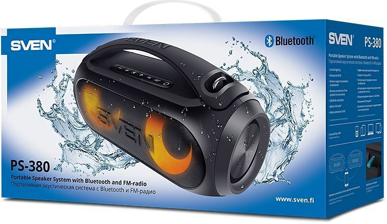 SVEN PS-380, черный (40 Вт, Waterproof (IPx5), TWS, Bluetooth, FM, USB, 3000мА*ч)