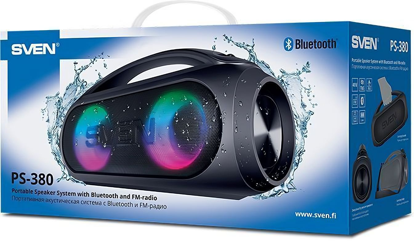 SVEN PS-380, черный (40 Вт, Waterproof (IPx5), TWS, Bluetooth, FM, USB, 3000мА*ч)