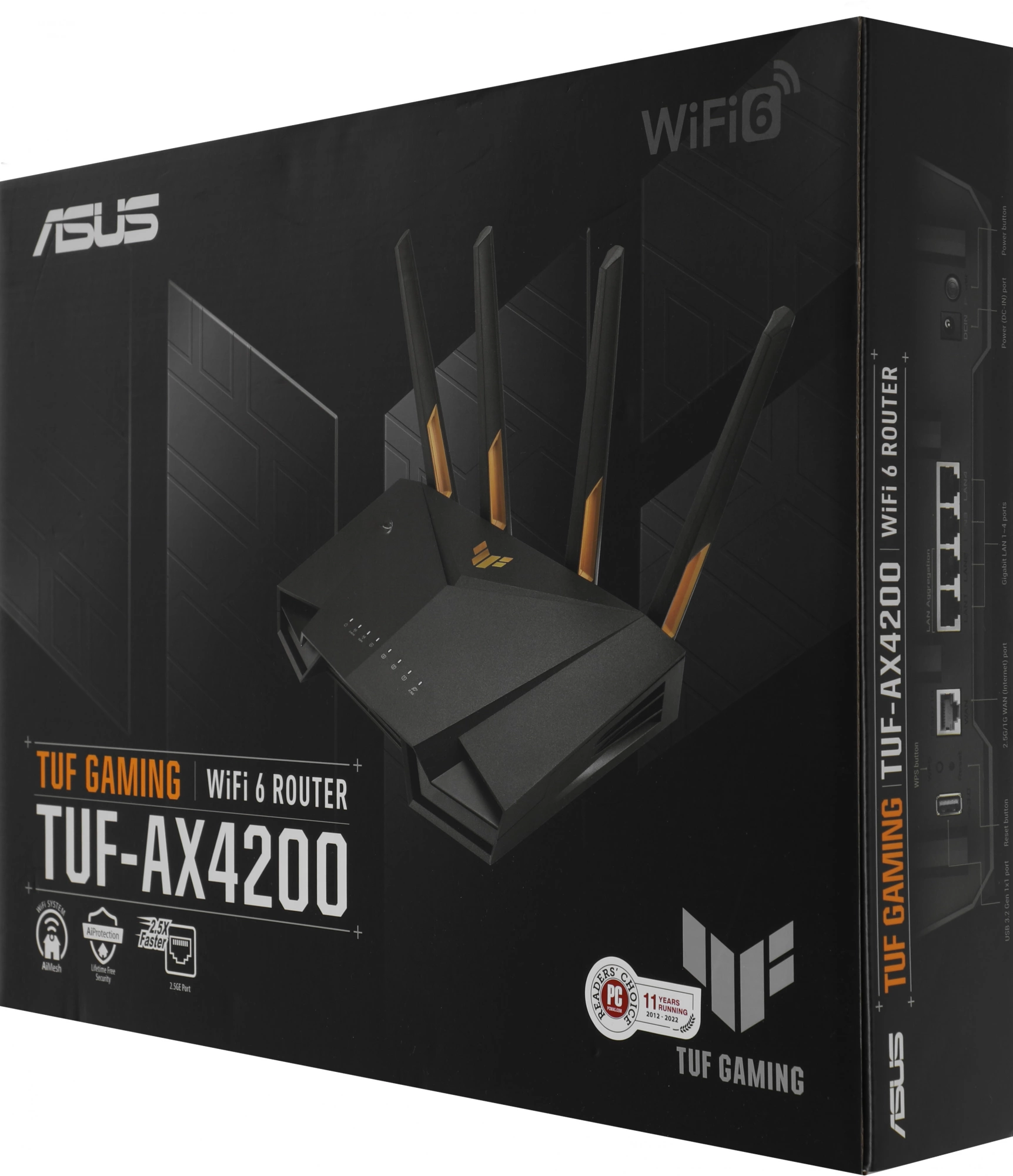 ASUS TUF-AX4200 Роутер беспроводной  4 LAN, 2500 Мбит/с, 1000 Мбит/с, 4 (802.11n), 5 (802.11ac), 6 (802.11ax), 1 x USB 3.2, 3G, 4G/LTE, IPv6 черный