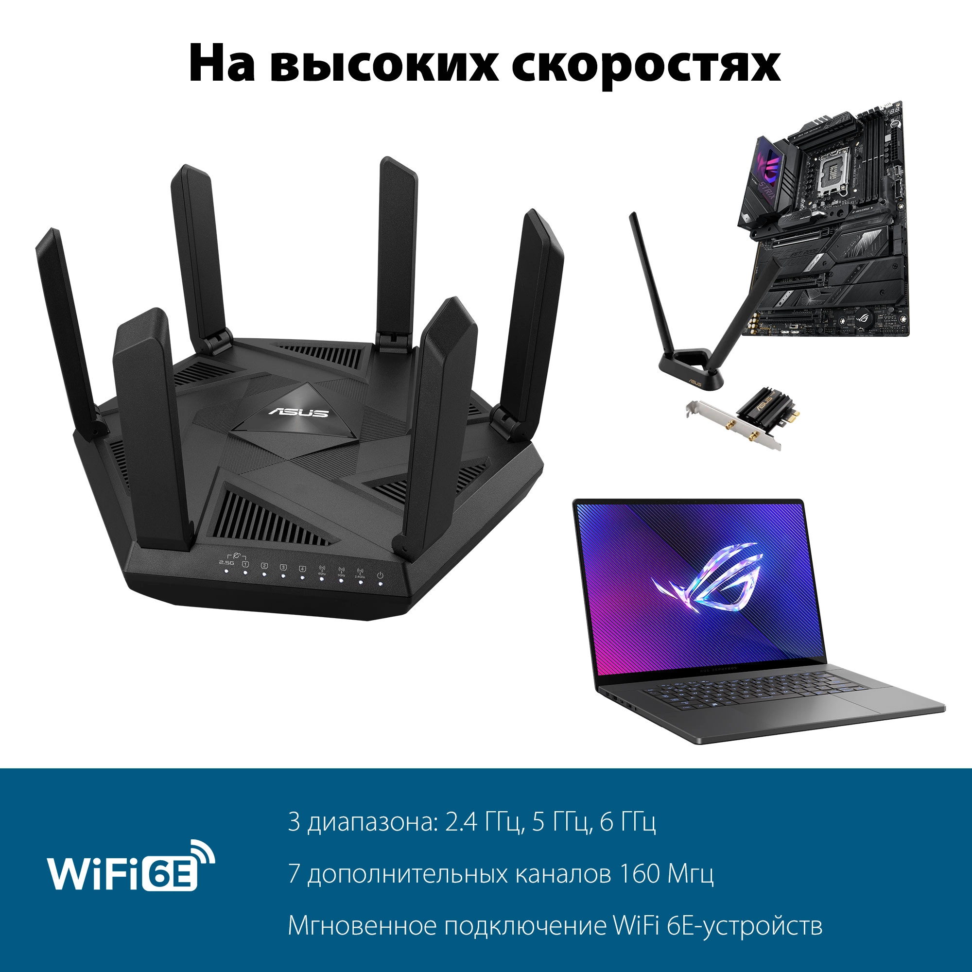 Маршрутизатор ASUS RT-AXE7800 5 LAN, 2500 Мбит/с, 1000 Мбит/с, 4 (802.11n), 5 (802.11ac), 6 (802.11ax), 1 x USB 3.2, 3G, 4G/LTE