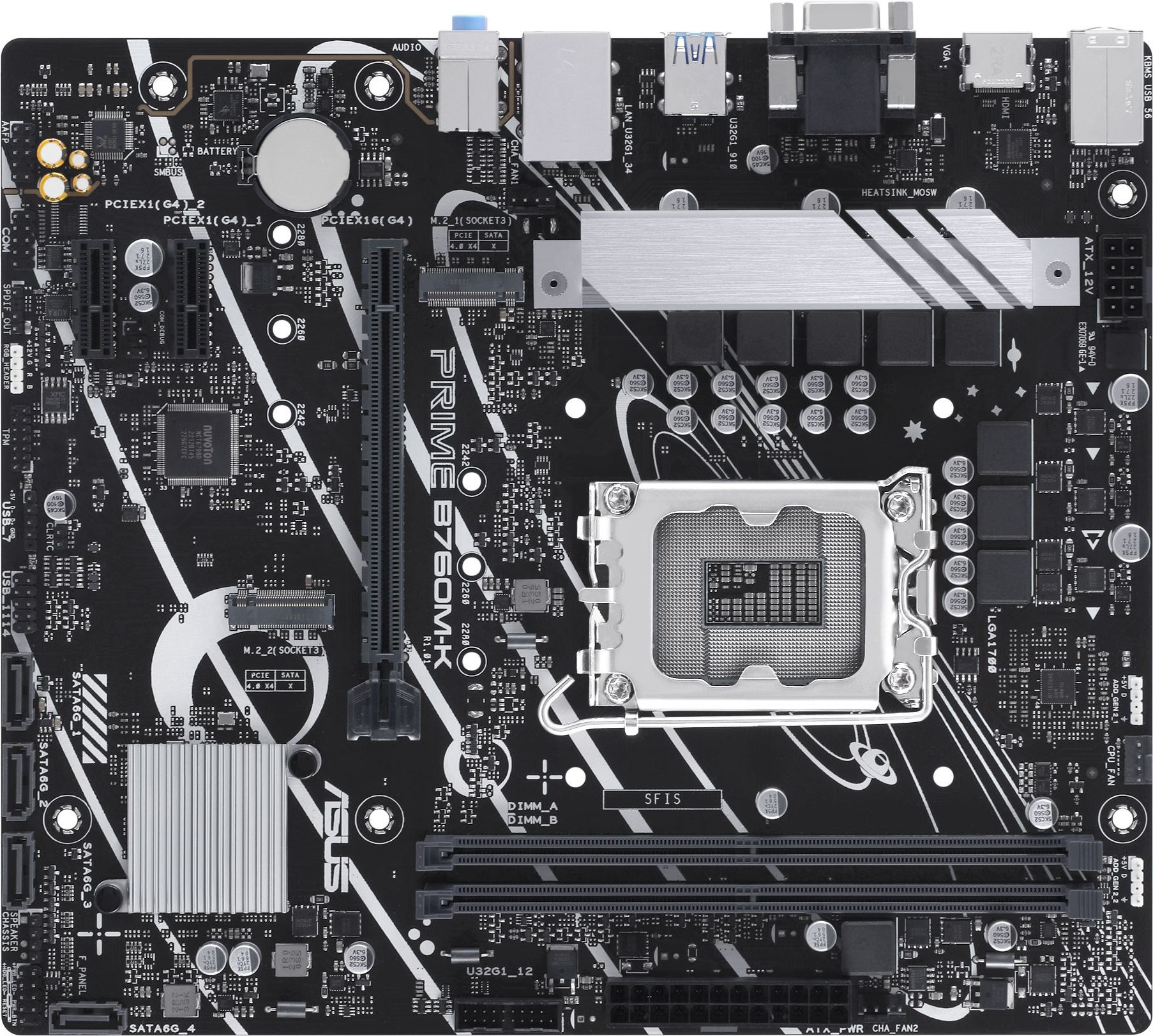 ASUS PRIME B760M-K (Socket 1700, mATX, 2xDDR5(96GB), VGA/HDMI 2.1, 1xPCIe 4.0x16/2xPCIe 4.0, 1xLAN (2.5GbE), 4xSATA 6Gb/s, 2xM.2, 4xUSB 3.2, 2xUSB 2.0, 1xPS/2)