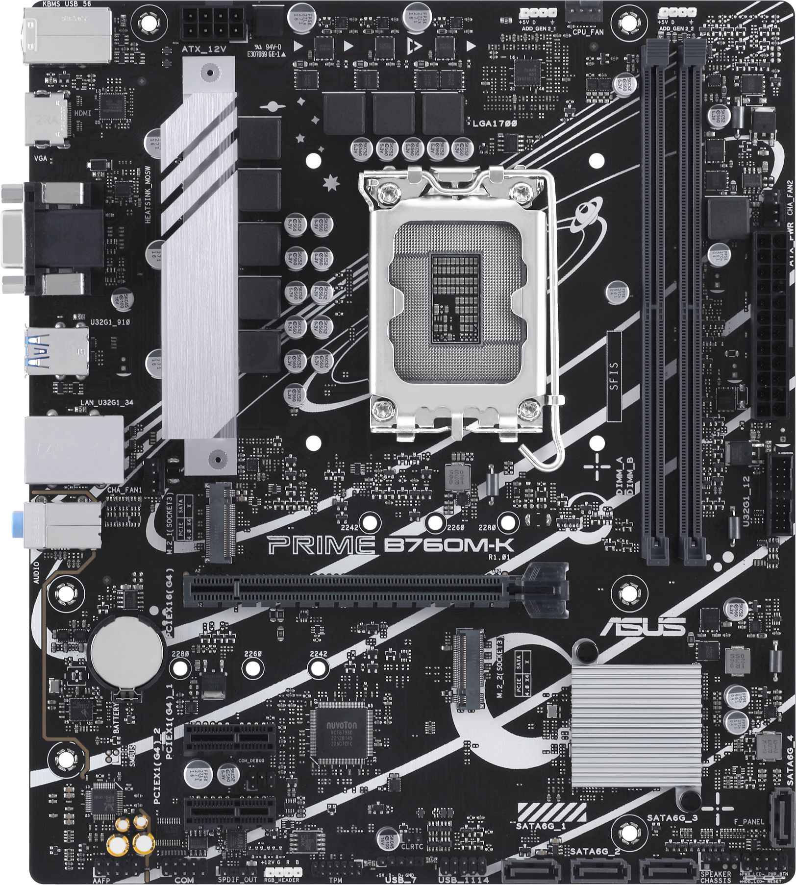 ASUS PRIME B760M-K (Socket 1700, mATX, 2xDDR5(96GB), VGA/HDMI 2.1, 1xPCIe 4.0x16/2xPCIe 4.0, 1xLAN (2.5GbE), 4xSATA 6Gb/s, 2xM.2, 4xUSB 3.2, 2xUSB 2.0, 1xPS/2)