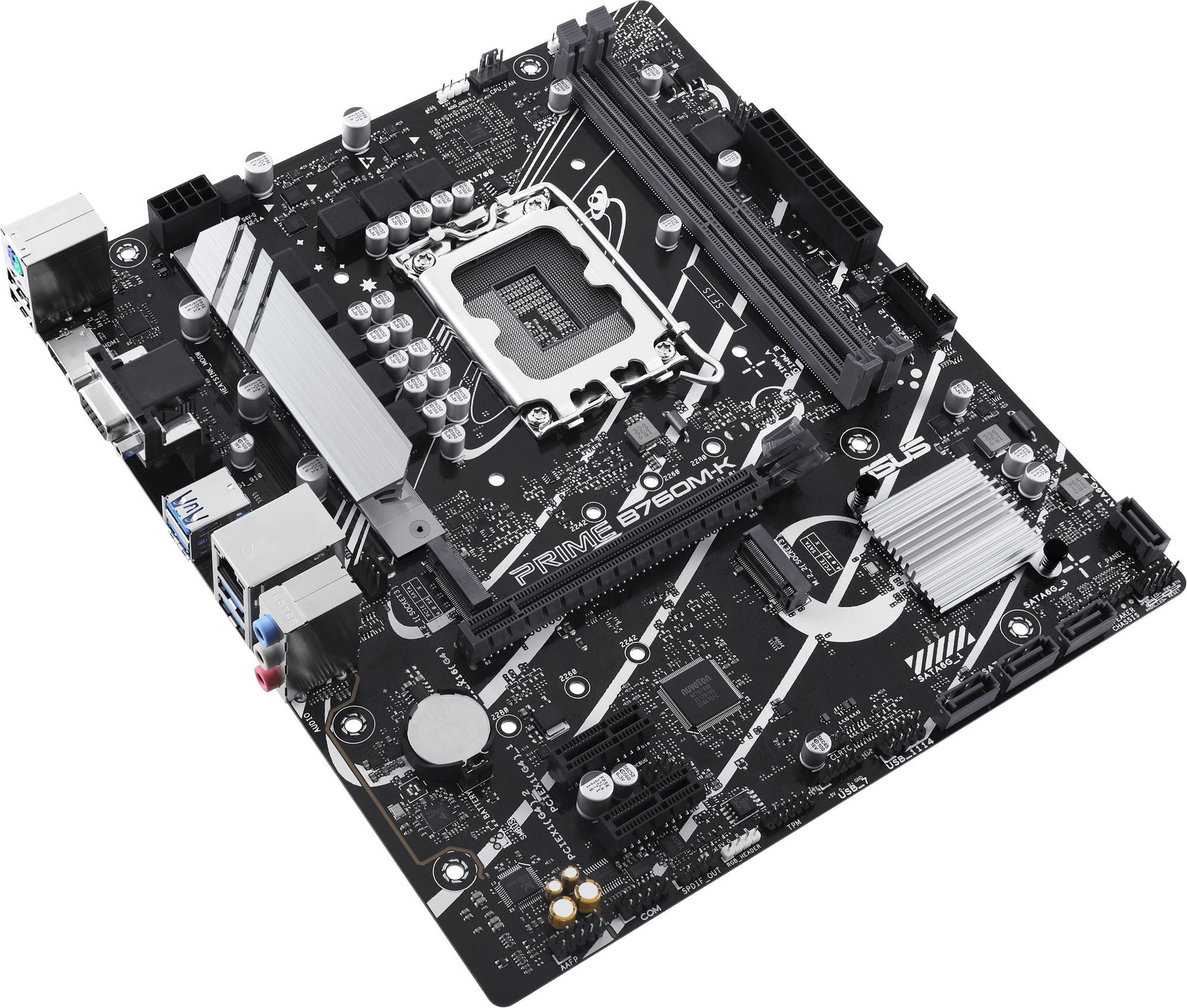 ASUS PRIME B760M-K (Socket 1700, mATX, 2xDDR5(96GB), VGA/HDMI 2.1, 1xPCIe 4.0x16/2xPCIe 4.0, 1xLAN (2.5GbE), 4xSATA 6Gb/s, 2xM.2, 4xUSB 3.2, 2xUSB 2.0, 1xPS/2)