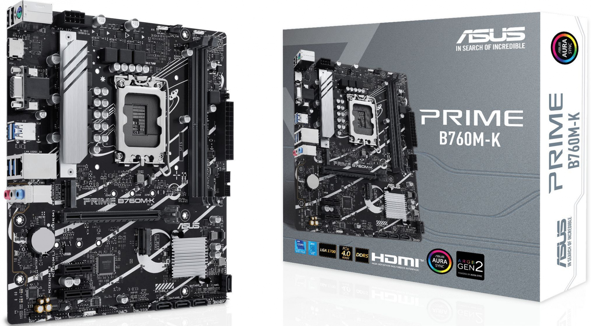 ASUS PRIME B760M-K (Socket 1700, mATX, 2xDDR5(96GB), VGA/HDMI 2.1, 1xPCIe 4.0x16/2xPCIe 4.0, 1xLAN (2.5GbE), 4xSATA 6Gb/s, 2xM.2, 4xUSB 3.2, 2xUSB 2.0, 1xPS/2)