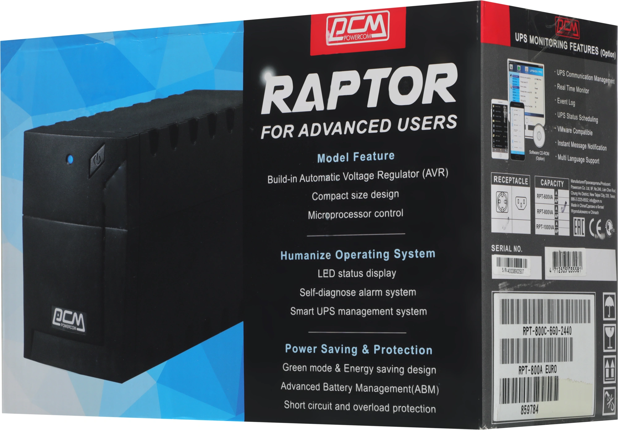 PowerCom Raptor RPT-800A EURO ИБП {Line-Interactive, 800VA / 480W, Tower, 3*EURO} (859784) PowerCom Raptor RPT-800A EURO ИБП {Line-Interactive, 800VA / 480W, Tower, 3*EURO} (859784)