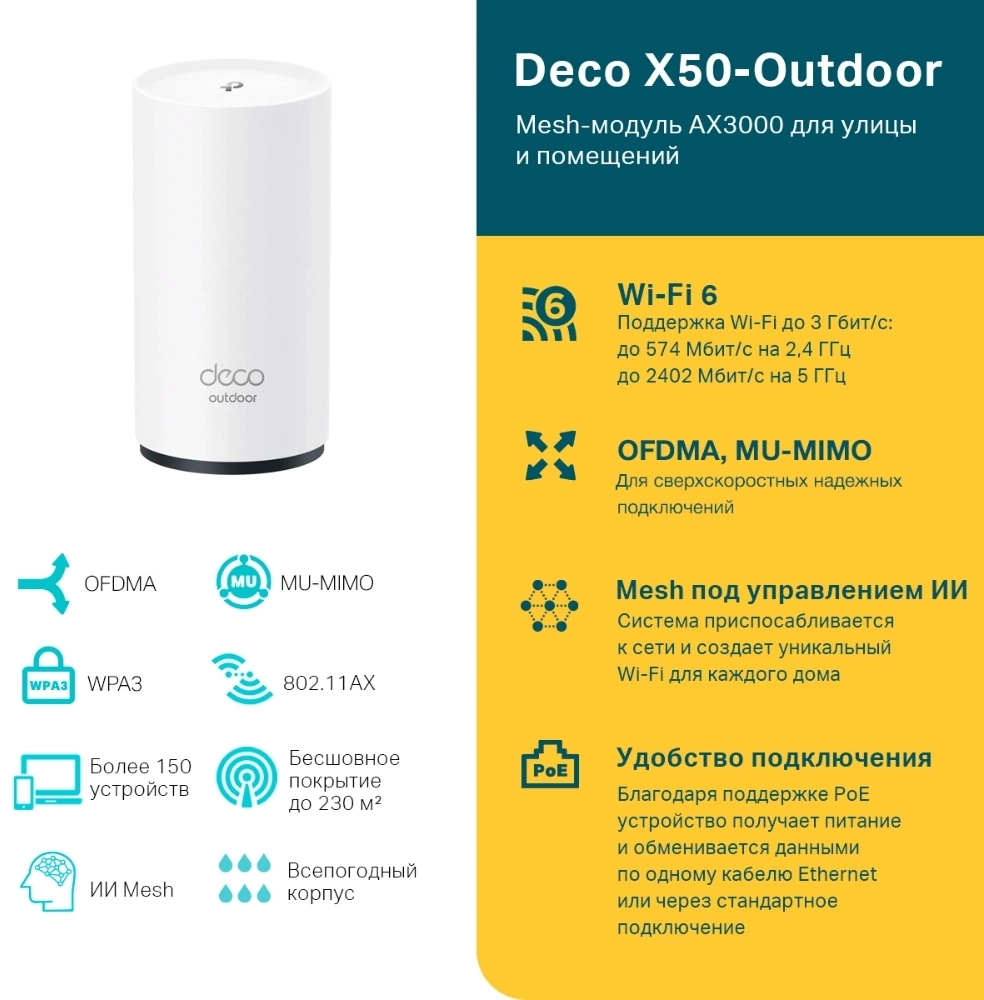 TP-Link Deco X50-Outdoor(1-pack) AX3000 Mesh-модуль Wi-Fi 6 для улицы и помещений