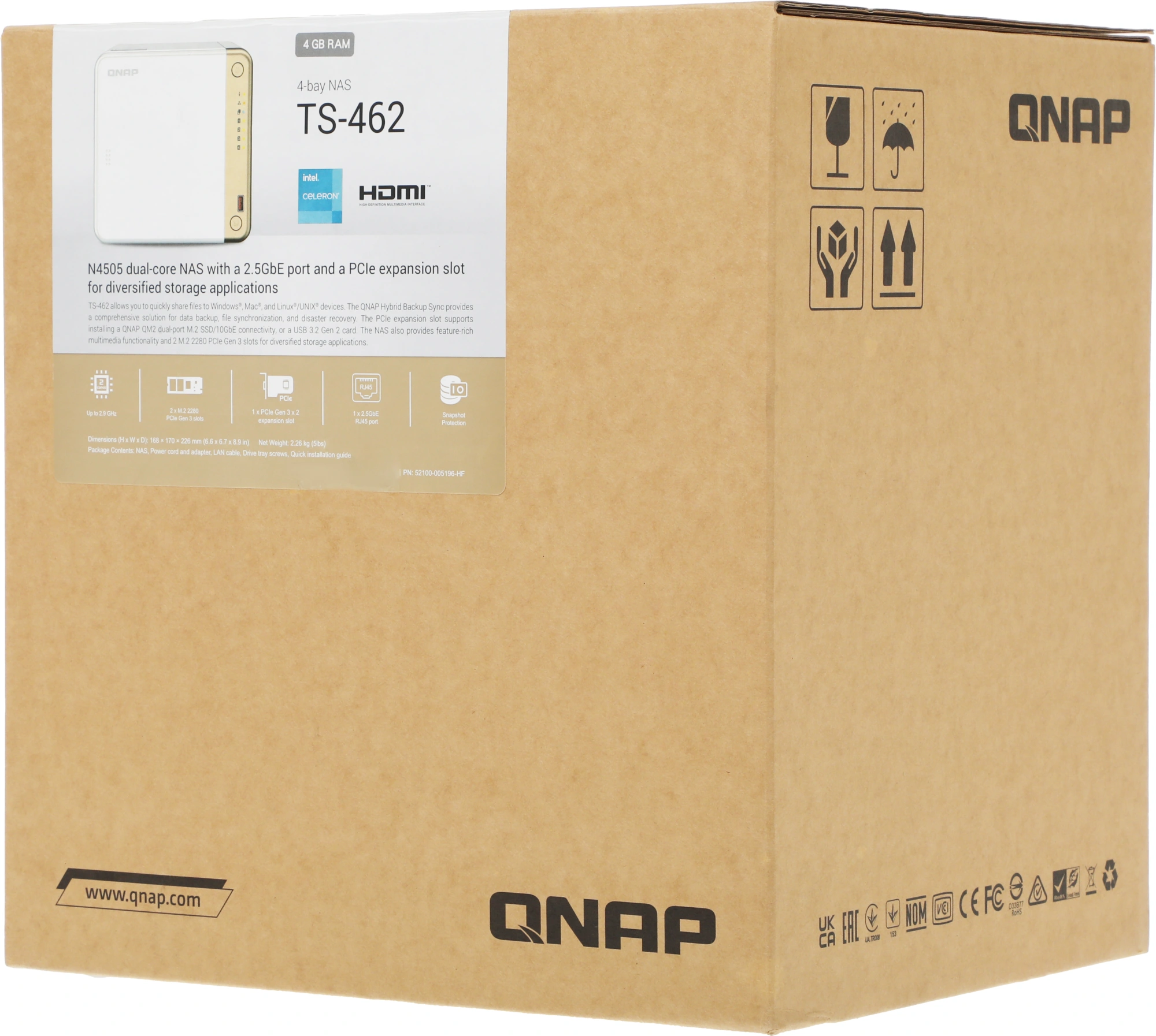 Сетевое хранилище без дисков/ channel QNAP TS-462-4G NAS 4 HDD trays, 2 x M.2 NVMe PCIe Gen 3 x1, 2-core Intel Celeron N4505 2.9 GHz, 4 GB RAM (1 x 2GB + RAM-2GDR4T0-SO-2400) up to 16 GB (2 x 8GB), 1x