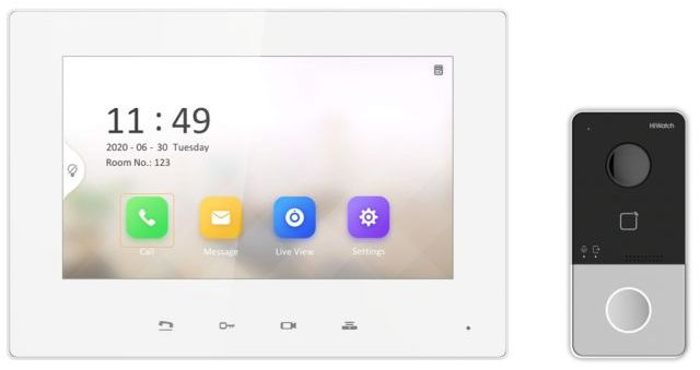 Комплект гибридной видеодомофонии, Включаются устройства:, DS-D100P, VDP-H3212W, 1 блок питания 12В, Работа с Hik-Connect