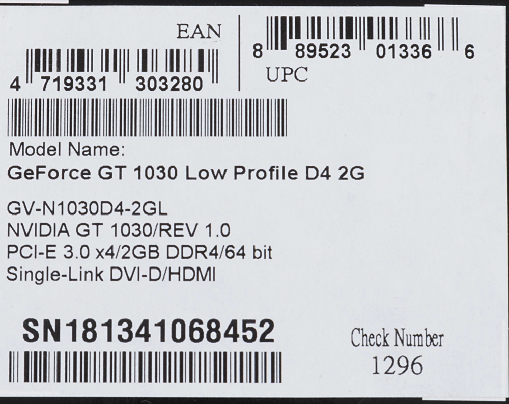 Gigabyte GV-N1030D4-2GL RTL (V1.0) {nVidia GeForce GT 1030 2048Mb 64bit DDR4 1177/2100 DVIx1/HDMIx1/HDCP low profile}