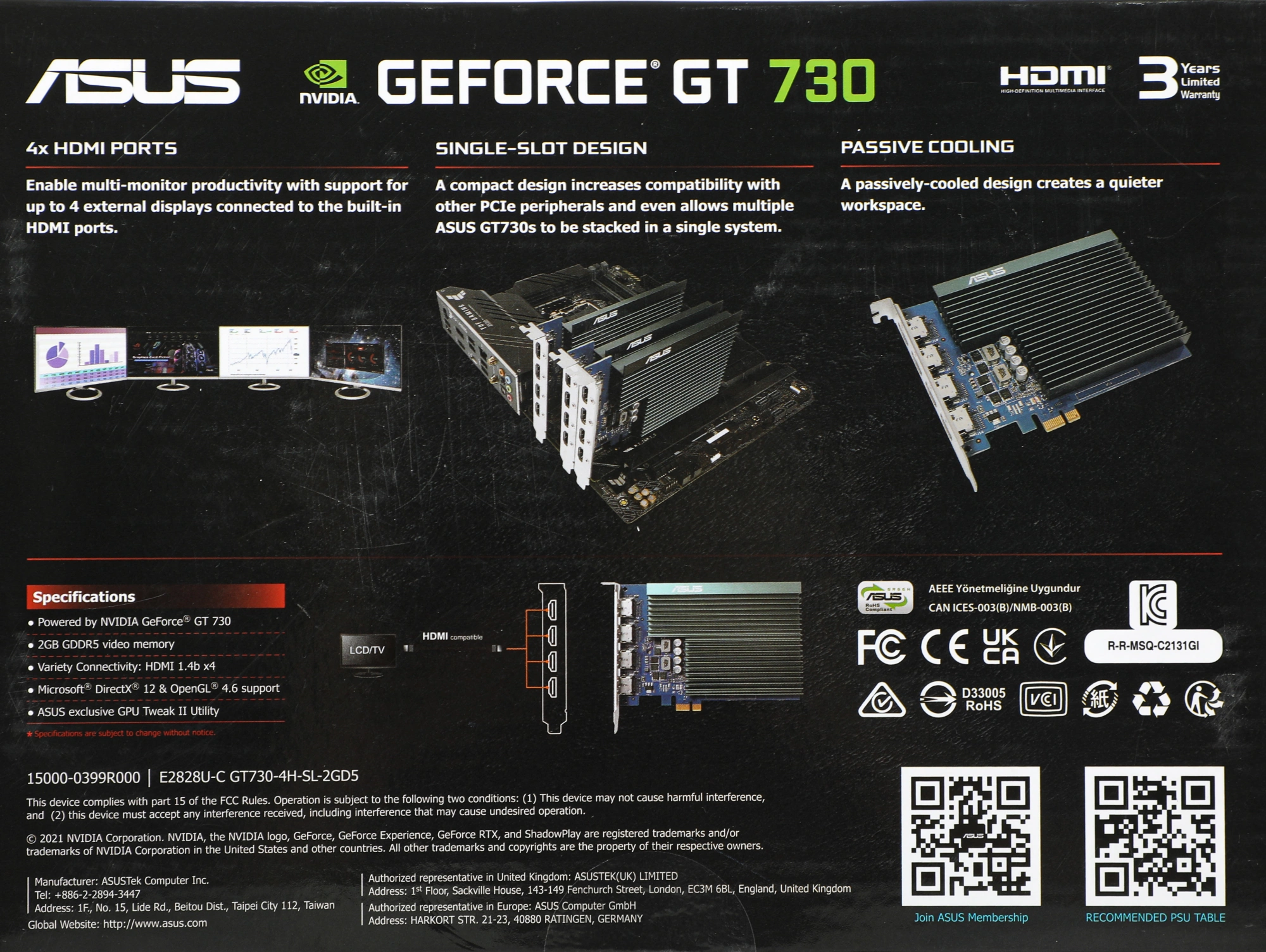 Видеокарта ASUS GeForce GT730 2GB GDDR5 64Bit 4*HDMI (GT730-4H-SL-2GD5) RTL