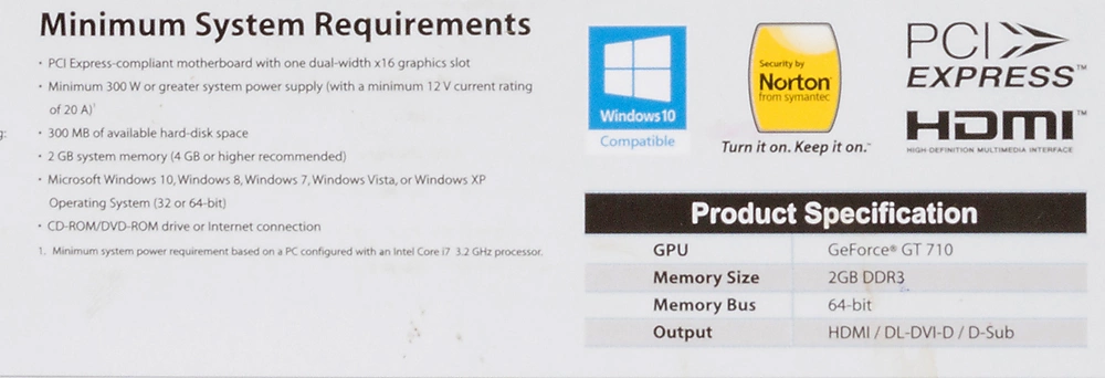 Видеокарта MSI PCI-E GT 710 2GD3H LP nVidia GeForce GT 710 2048Mb 64bit DDR3 954/1600 DVIx1/HDMIx1/CRTx1/HDCP Ret low profile