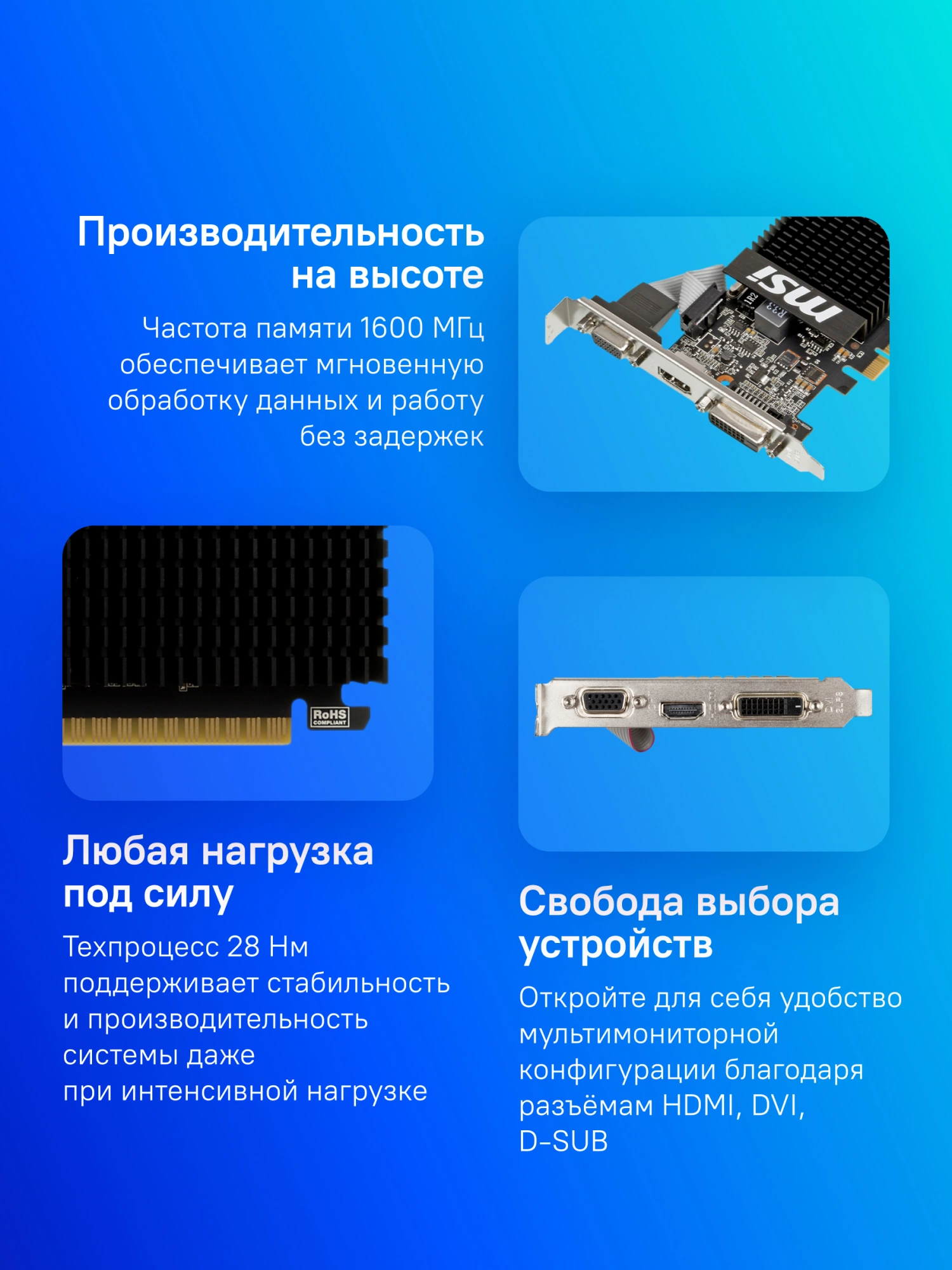 Видеокарта MSI PCI-E GT 710 2GD3H LP nVidia GeForce GT 710 2048Mb 64bit DDR3 954/1600 DVIx1/HDMIx1/CRTx1/HDCP Ret low profile