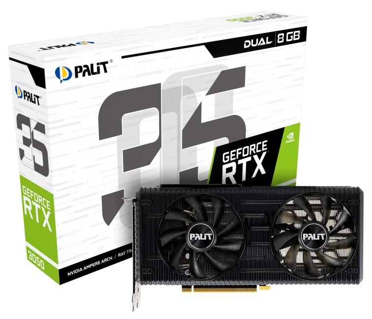 Видеокарта Palit PCI-E PA-RTX3050 DUAL NV RTX3050 8192Mb 128 GDDR6 1552/14000/HDMIx1/DPx3/HDCP Ret NE63050019P1-190AD RTL