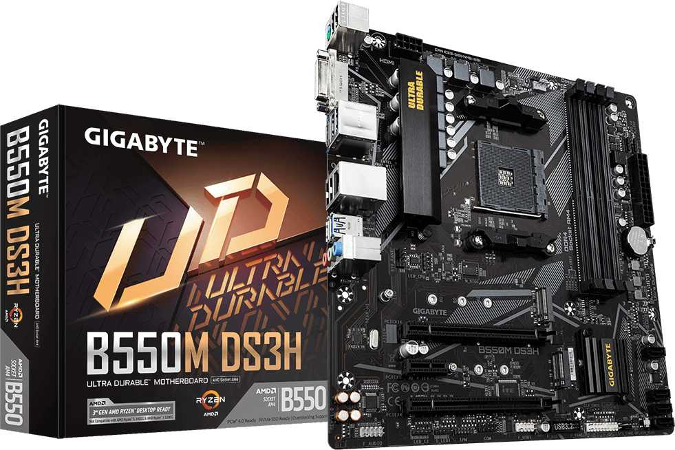 Gigabyte B550M DS3H 1.7 RTL {Socket AM4, AMD B550, 4xDDR4-3200, DVI-D+HDMI, 2xPCI-Ex16, 1xPCI-Ex1, 4xSATA3(RAID 0/1/10), 2xM.2, 8 Ch Audio, GLan, (4+2)xUSB2.0, (4+2)xUSB3.2, 1xPS/2, mATX}